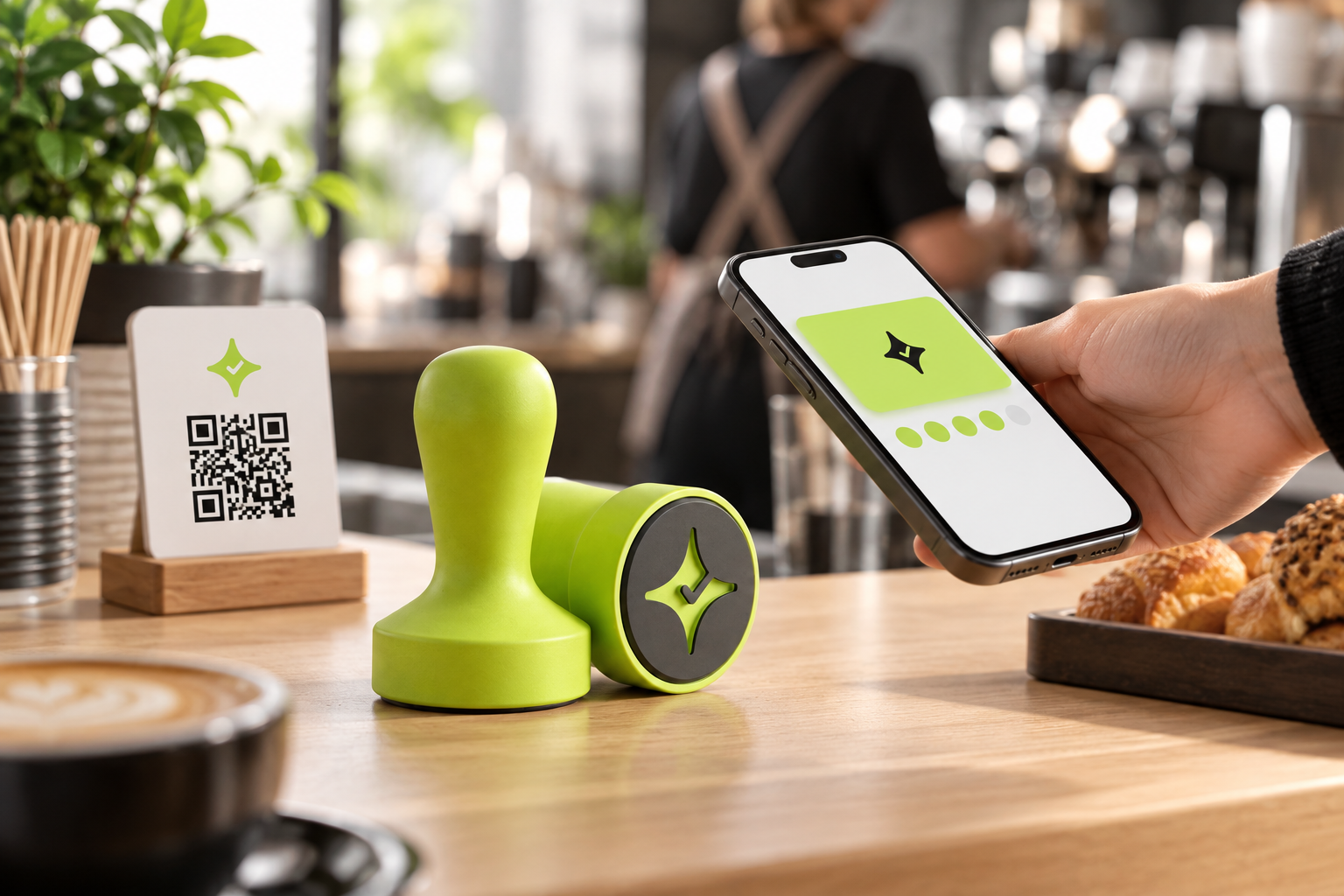 Çentik NFC and QR loyalty touchpoint on a café counter