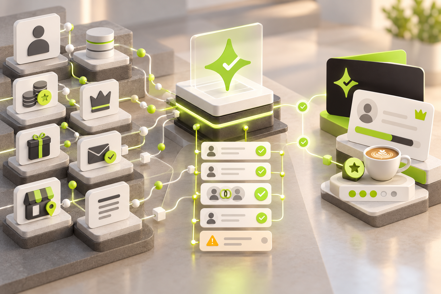 Abstract loyalty migration validation flow mapping member profiles, balances, tiers, rewards, consent, locations and transaction history into a Çentik setup.