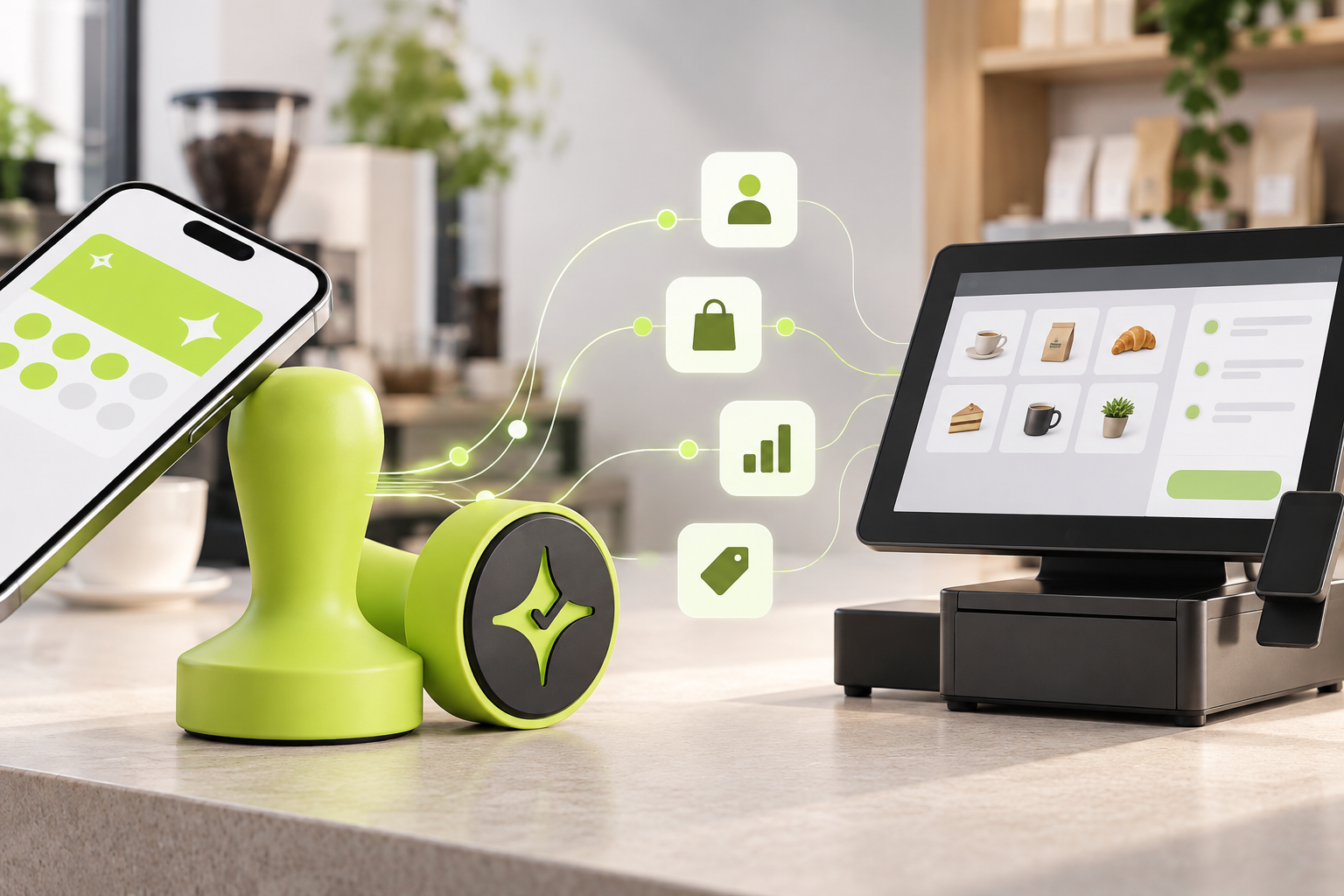 Çentik NFC loyalty touchpoint beside a generic retail checkout system, illustrating standalone loyalty versus POS-integrated loyalty.