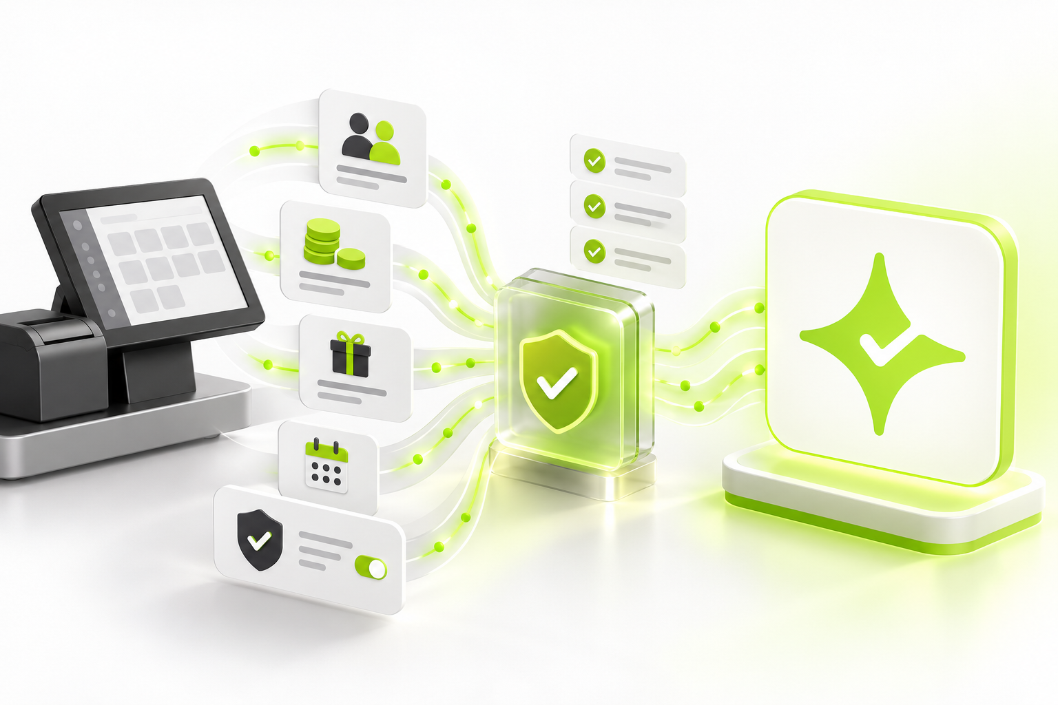 Abstract loyalty data migration workflow validating customer profiles, balances, rewards and consent records before a move to Çentik.