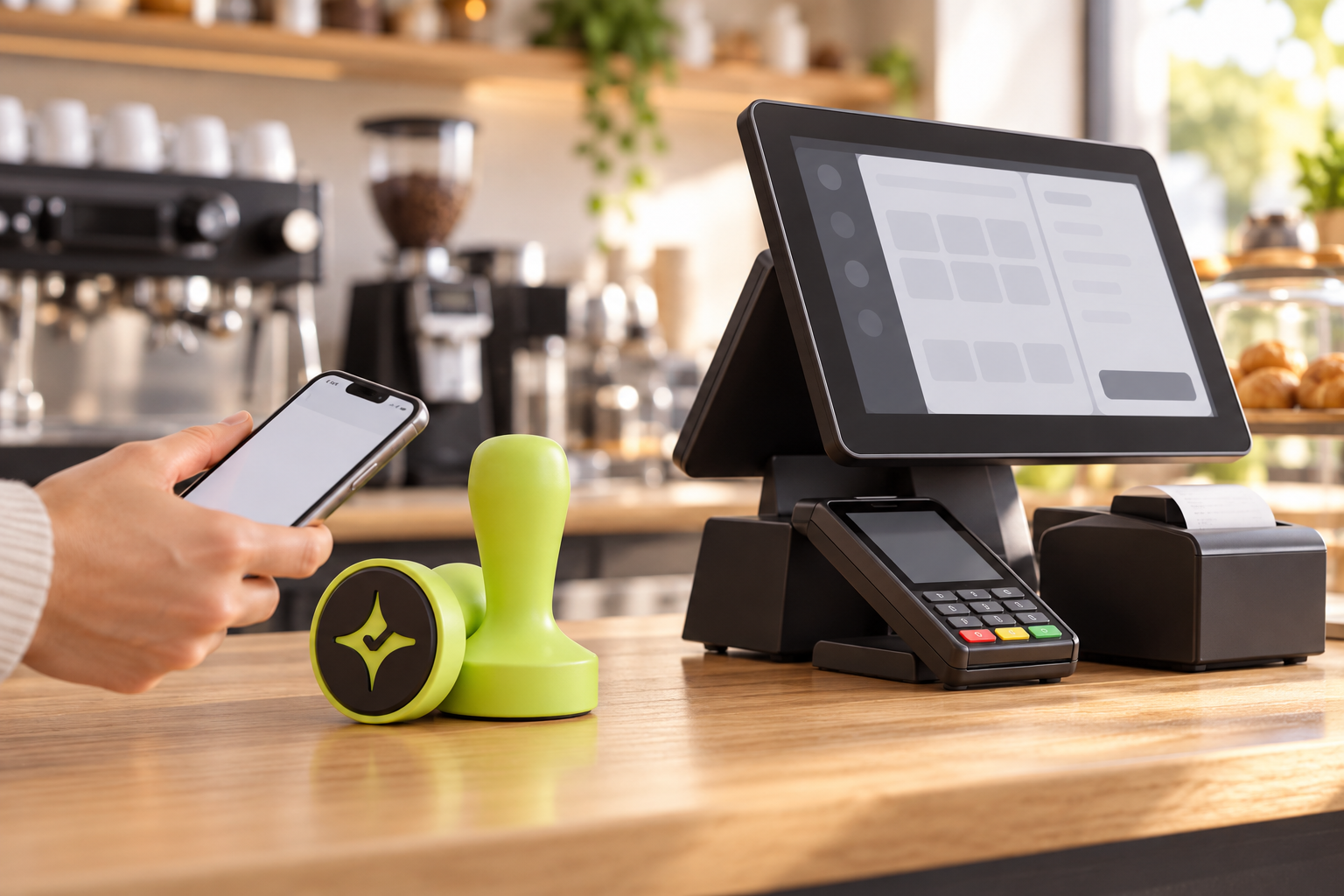 Çentik NFC loyalty touchpoint beside a generic restaurant POS setup, comparing standalone loyalty with a broader payments stack.