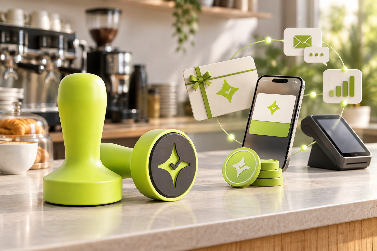 Çentik NFC loyalty touchpoint beside an abstract gift card and integrated loyalty technology stack