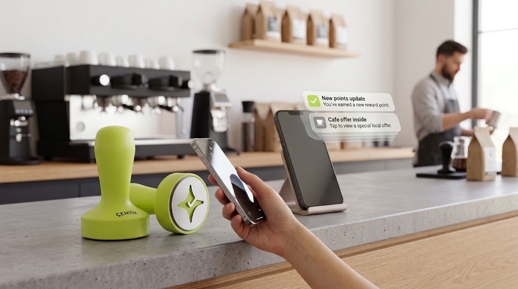 A U.S. cafe counter showing a Çentik NFC loyalty touchpoint beside an abstract Wallet marketing flow on a smartphone.