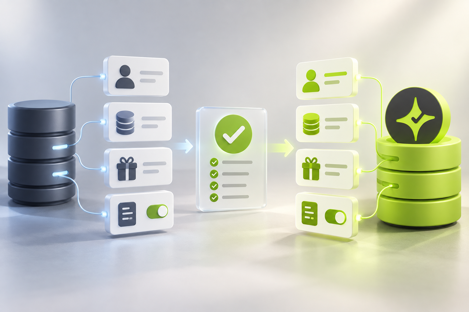 Abstract loyalty migration workflow validating customer profiles, balances, rewards and consent records before moving to Çentik.