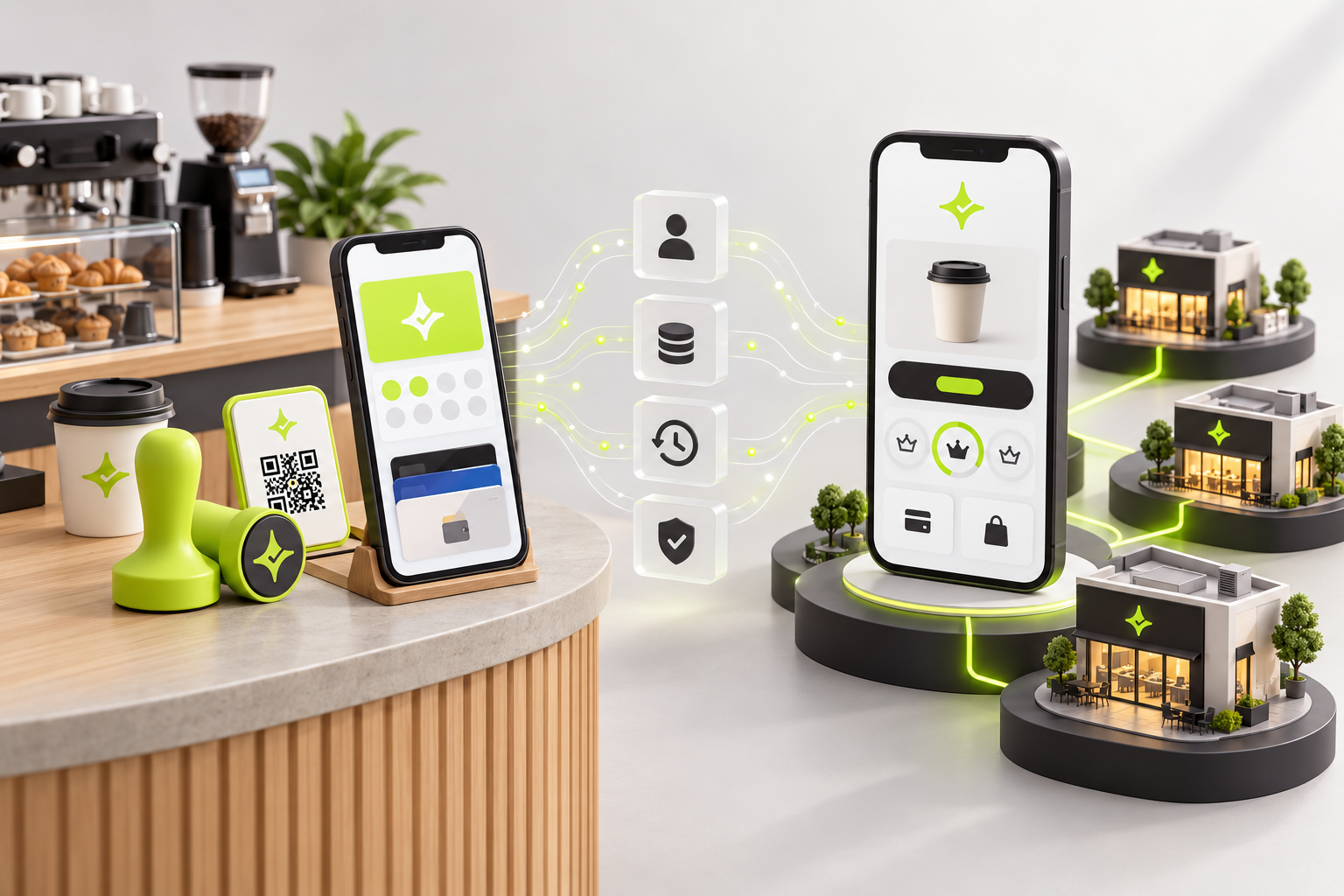 Abstract architecture comparing app-free café loyalty with an app-led integrated rewards model