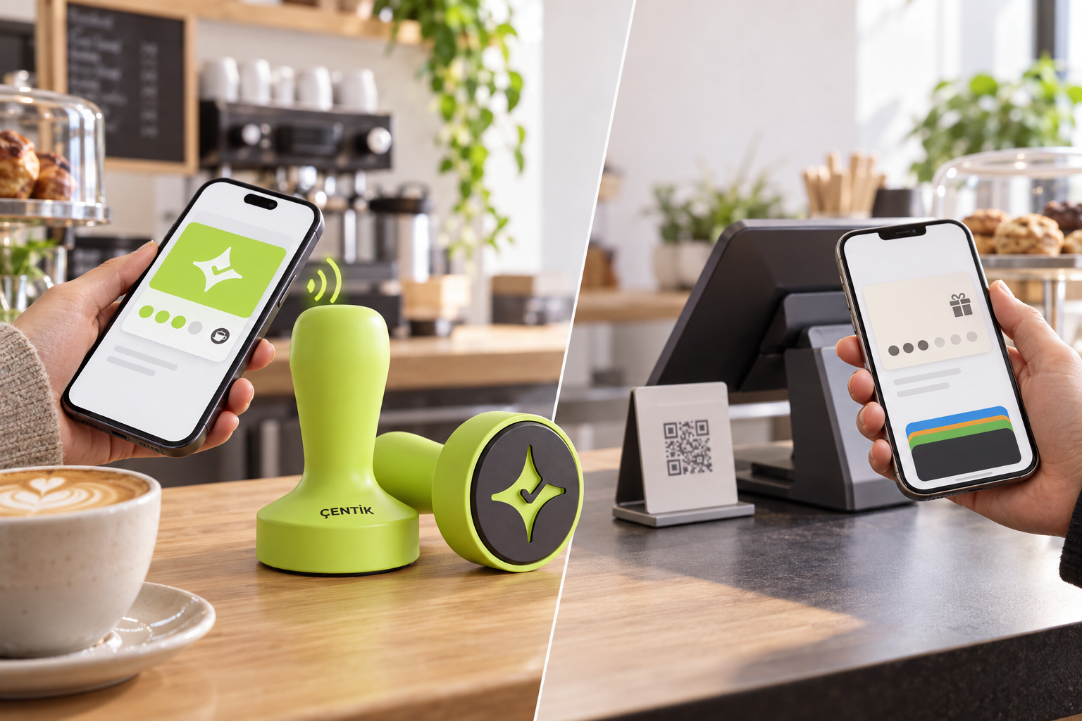 Çentik Damper and stamp card next to a Loyalzoo-style till and QR setup in a coffee shop