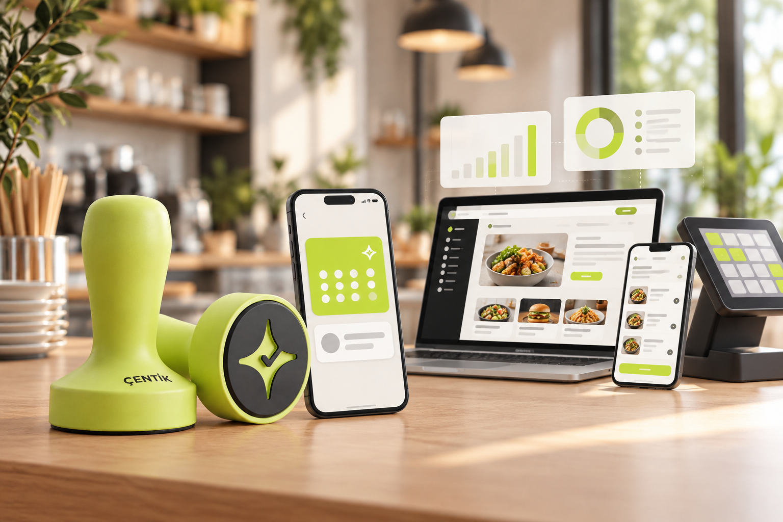 Çentik NFC loyalty touchpoint beside a generic restaurant digital ordering stack, showing in-store loyalty versus a broader online growth platform.