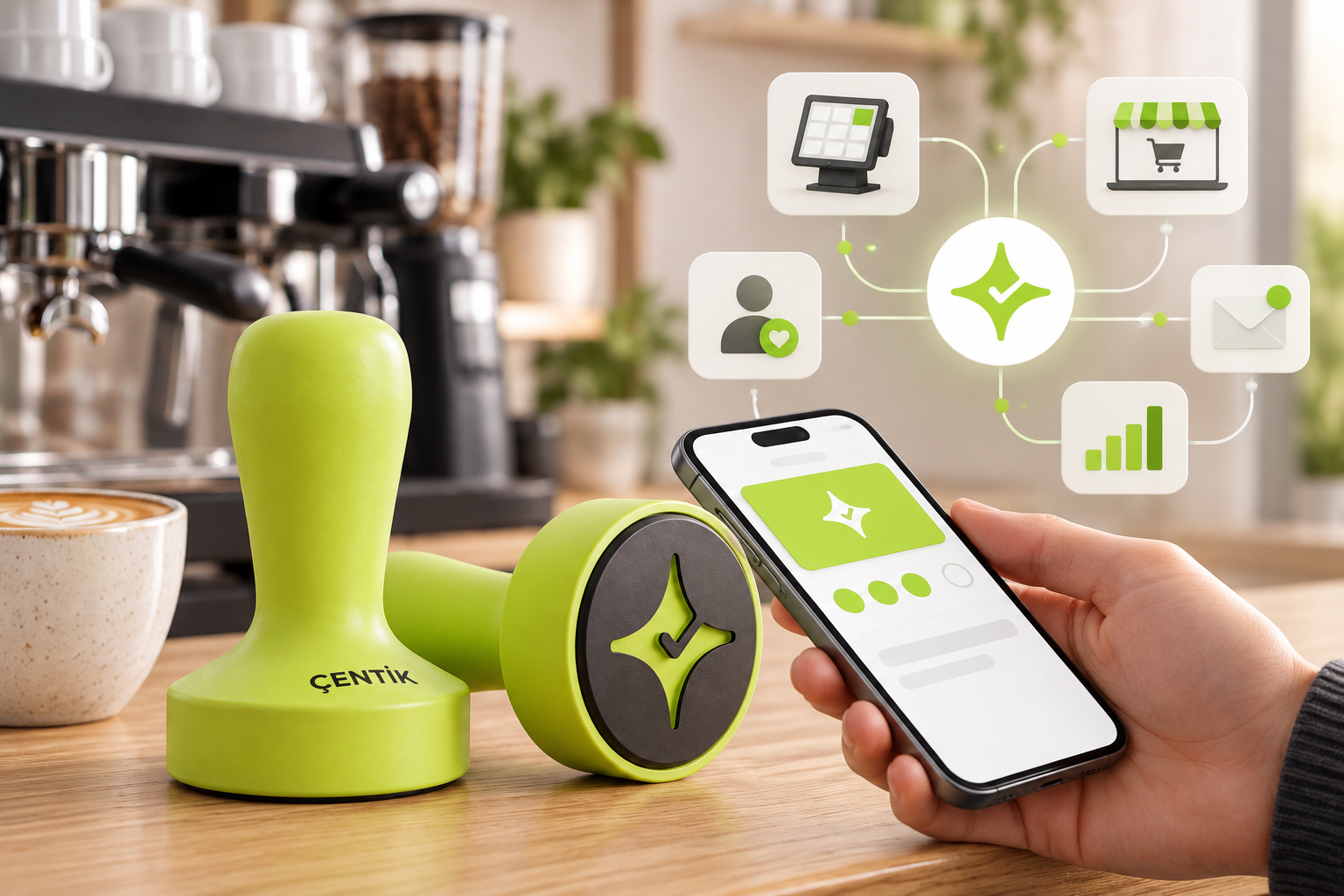 Çentik NFC loyalty touchpoint on a café counter contrasted with an abstract omnichannel loyalty network