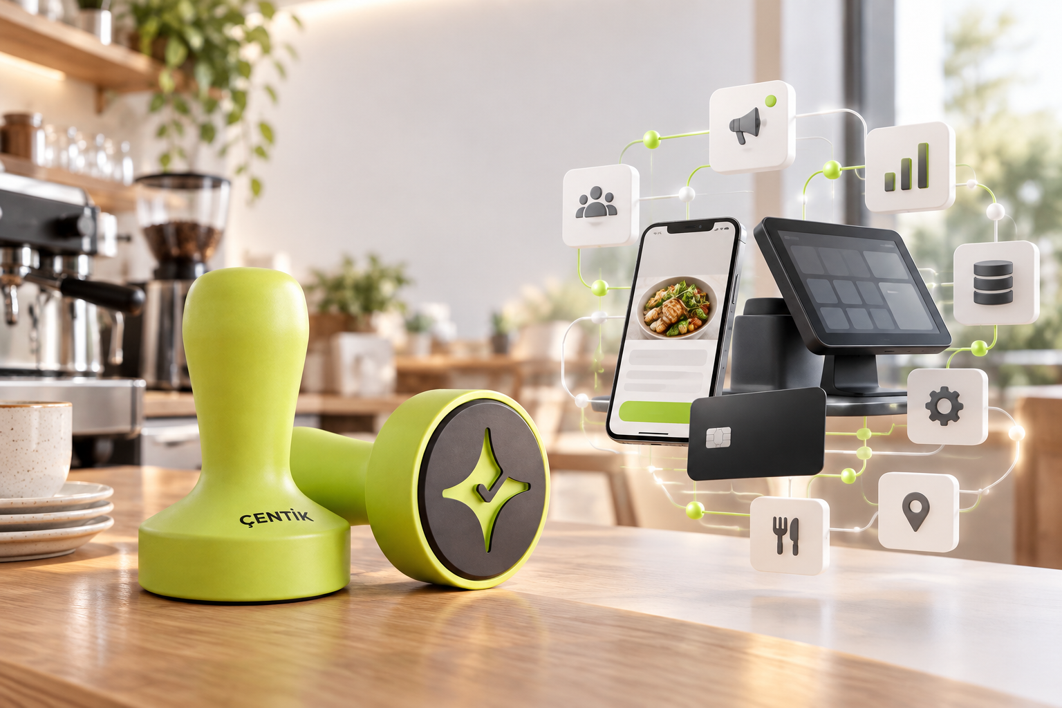 Çentik NFC loyalty touchpoint beside an abstract multi-channel restaurant loyalty system representing the different approaches of Çentik and Thanx.