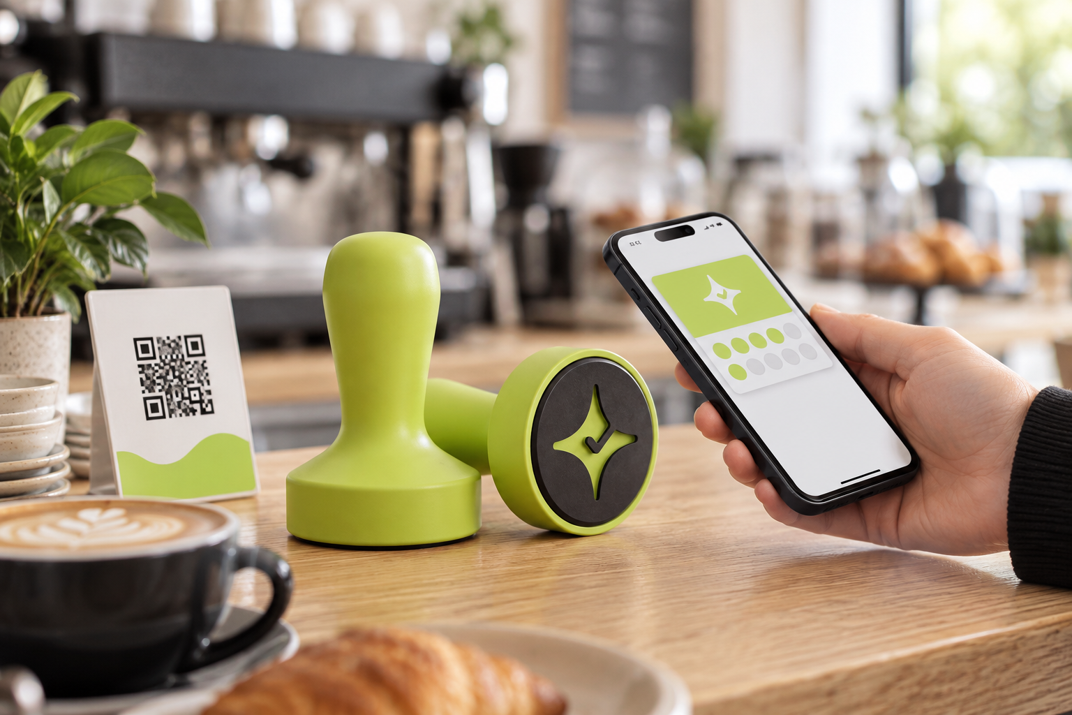 Çentik NFC loyalty touchpoint on a café counter beside a customer phone using a digital loyalty card.