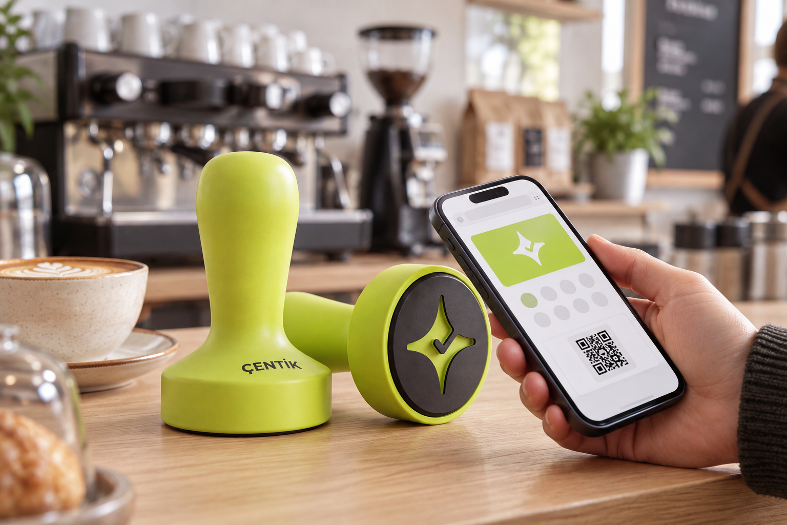 Çentik Damperi and app-free NFC loyalty experience at a cafe counter