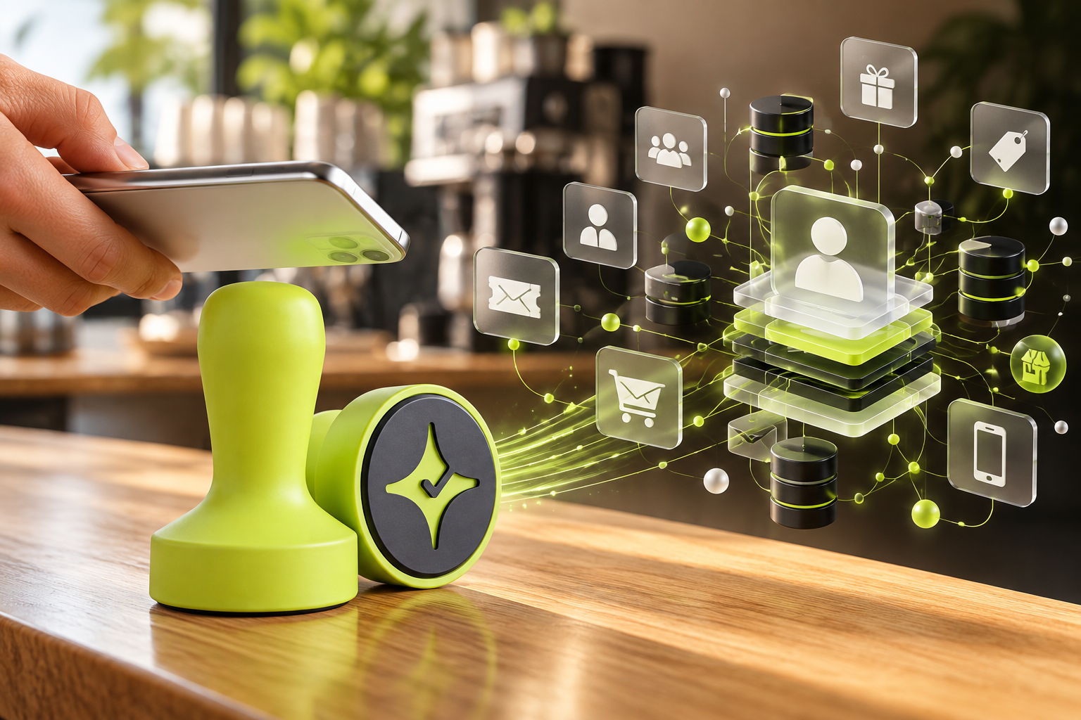 Çentik NFC loyalty touchpoint beside an abstract enterprise loyalty data and personalization stack.