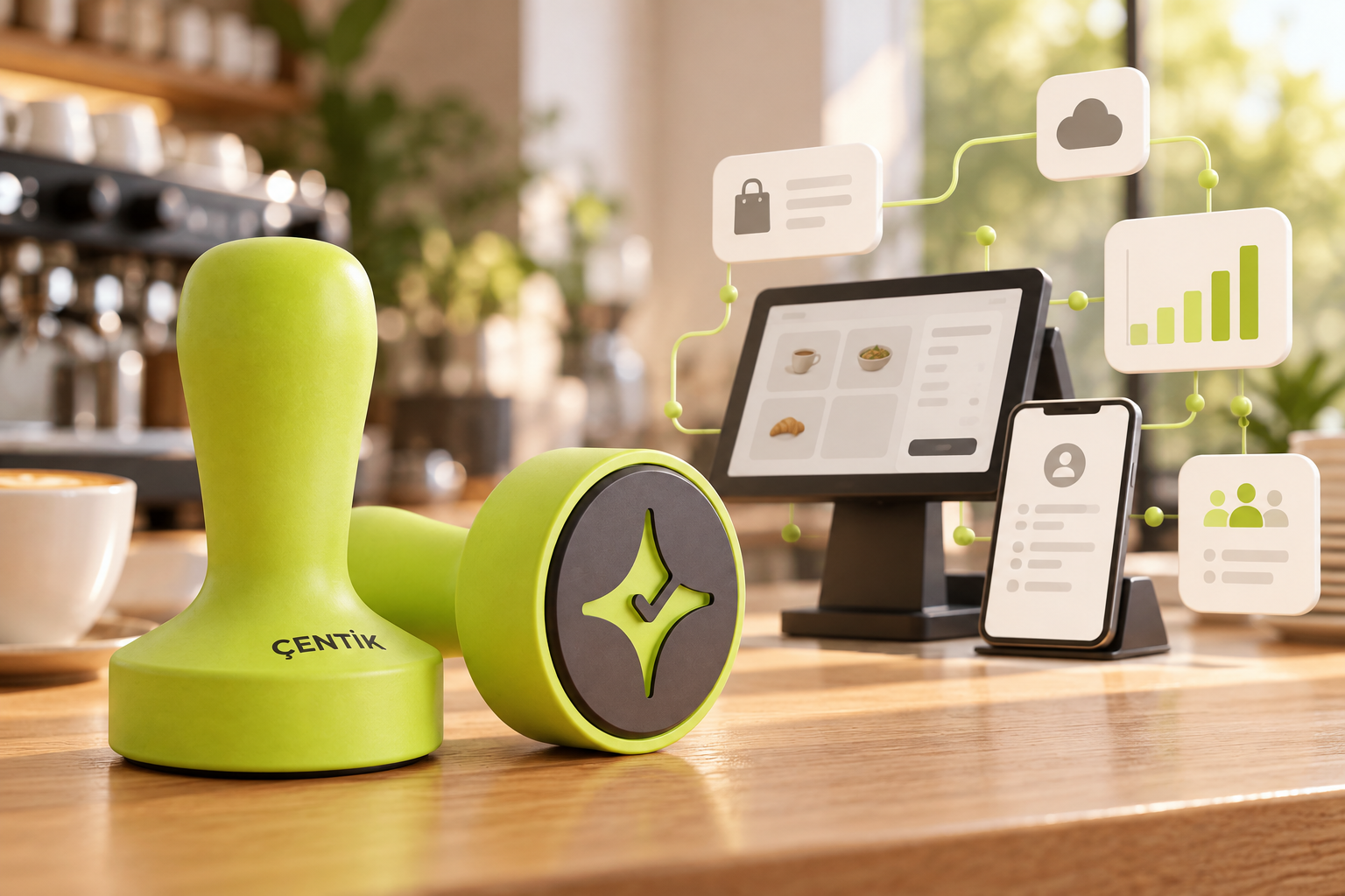 Çentik NFC counter touchpoint beside an abstract integrated restaurant loyalty technology stack