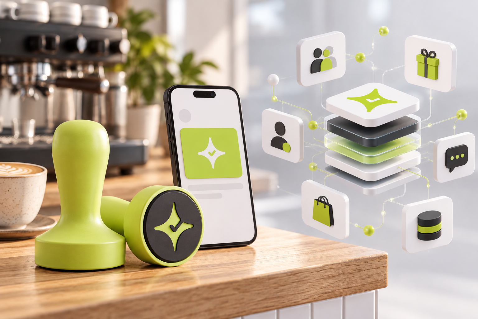 Çentik NFC counter touchpoint beside an abstract enterprise loyalty technology stack