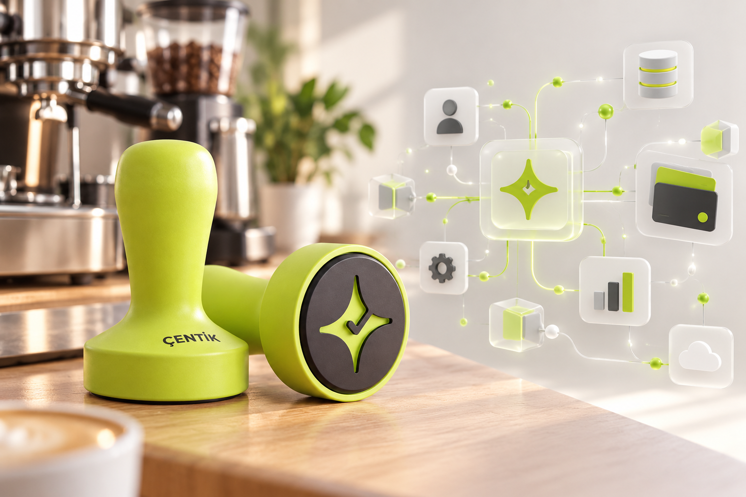 Çentik NFC loyalty touchpoint on a café counter beside an abstract enterprise loyalty infrastructure environment