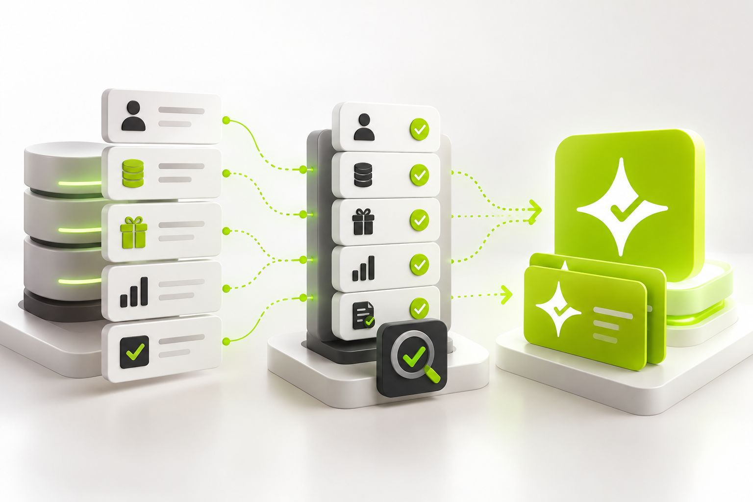 Abstract loyalty data migration workflow validating customer profiles, reward balances and consent records before transfer to Çentik.