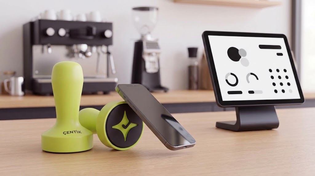 Çentik NFC loyalty touchpoint beside an abstract checkout-centered loyalty system in a U.S. café