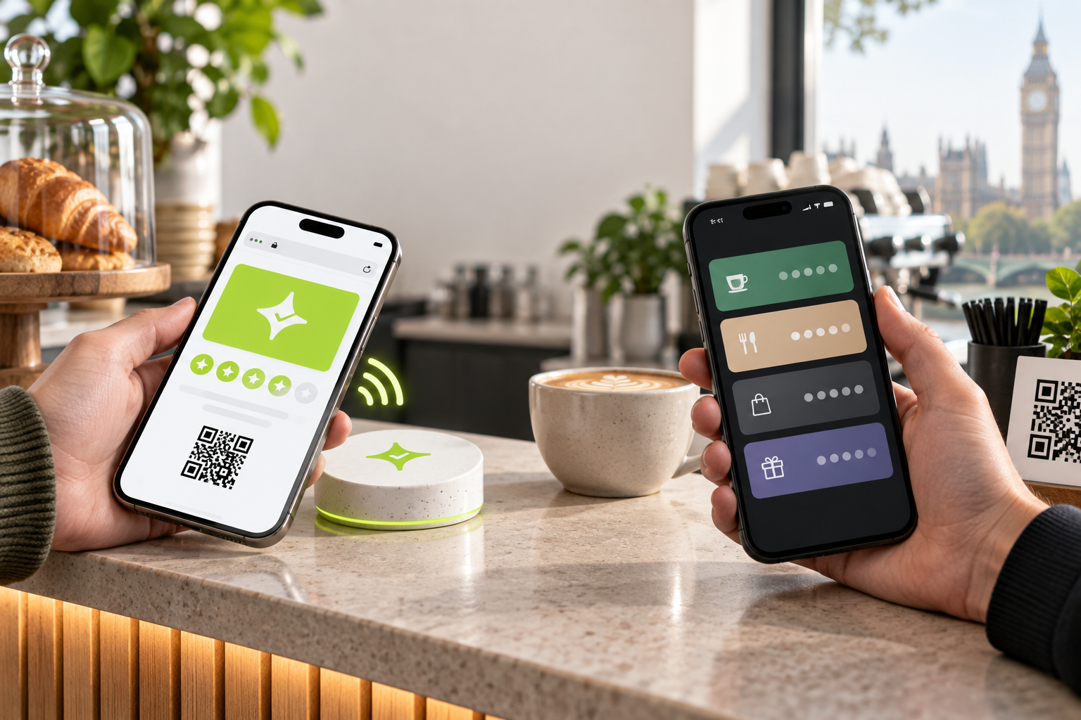 Çentik and Embargo loyalty apps side by side on a London coffee shop counter