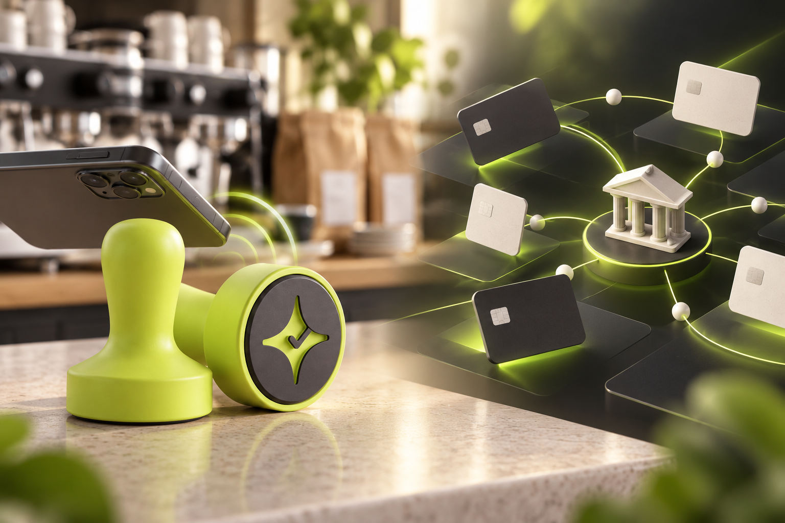 Çentik NFC counter touchpoint contrasted with an abstract card-linked cash-back network