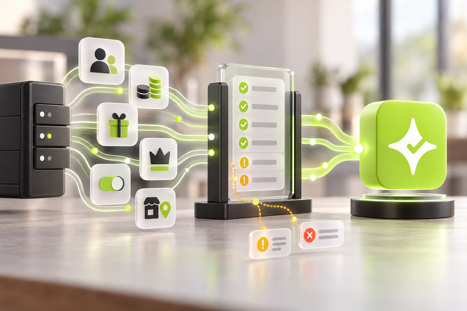 Abstract migration validation flow for loyalty profiles, balances, consent and restaurant locations moving into Çentik