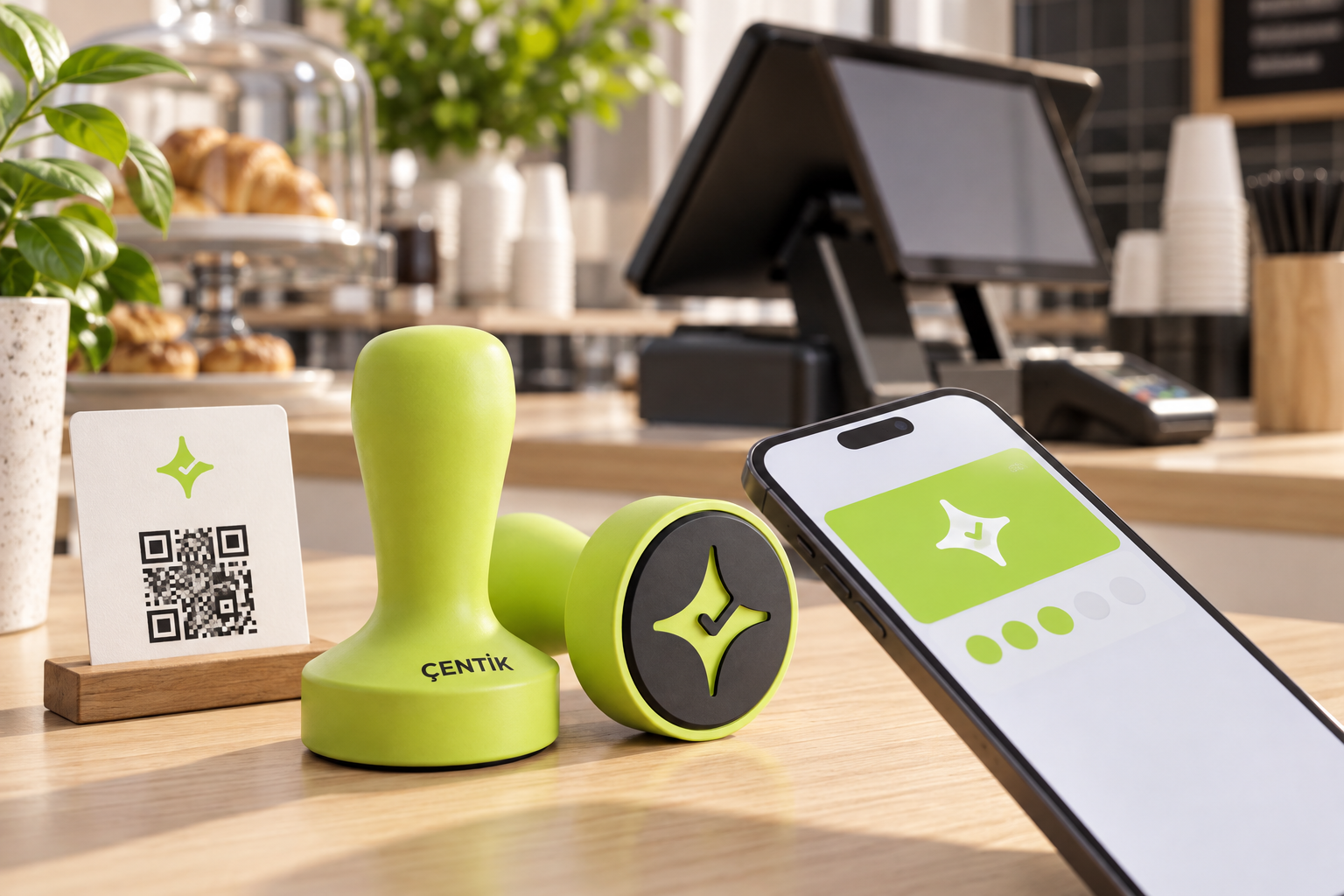 Çentik NFC and QR counter loyalty beside a generic restaurant POS workflow