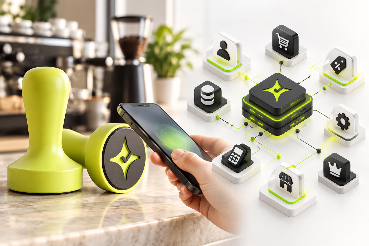 Çentik NFC counter touchpoint beside an abstract enterprise loyalty and promotion technology stack