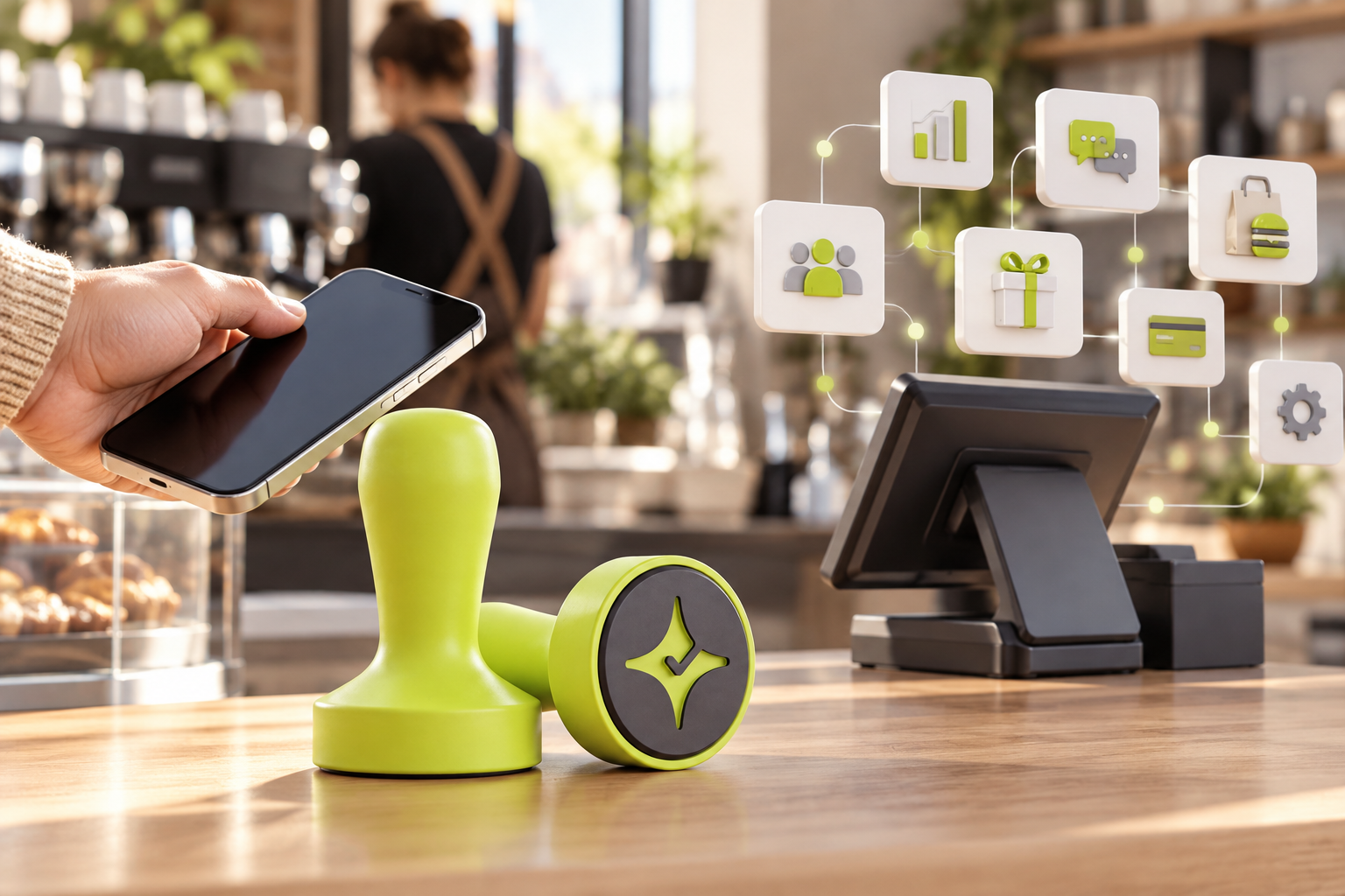 Çentik NFC loyalty touchpoint beside an abstract restaurant guest-engagement technology stack.