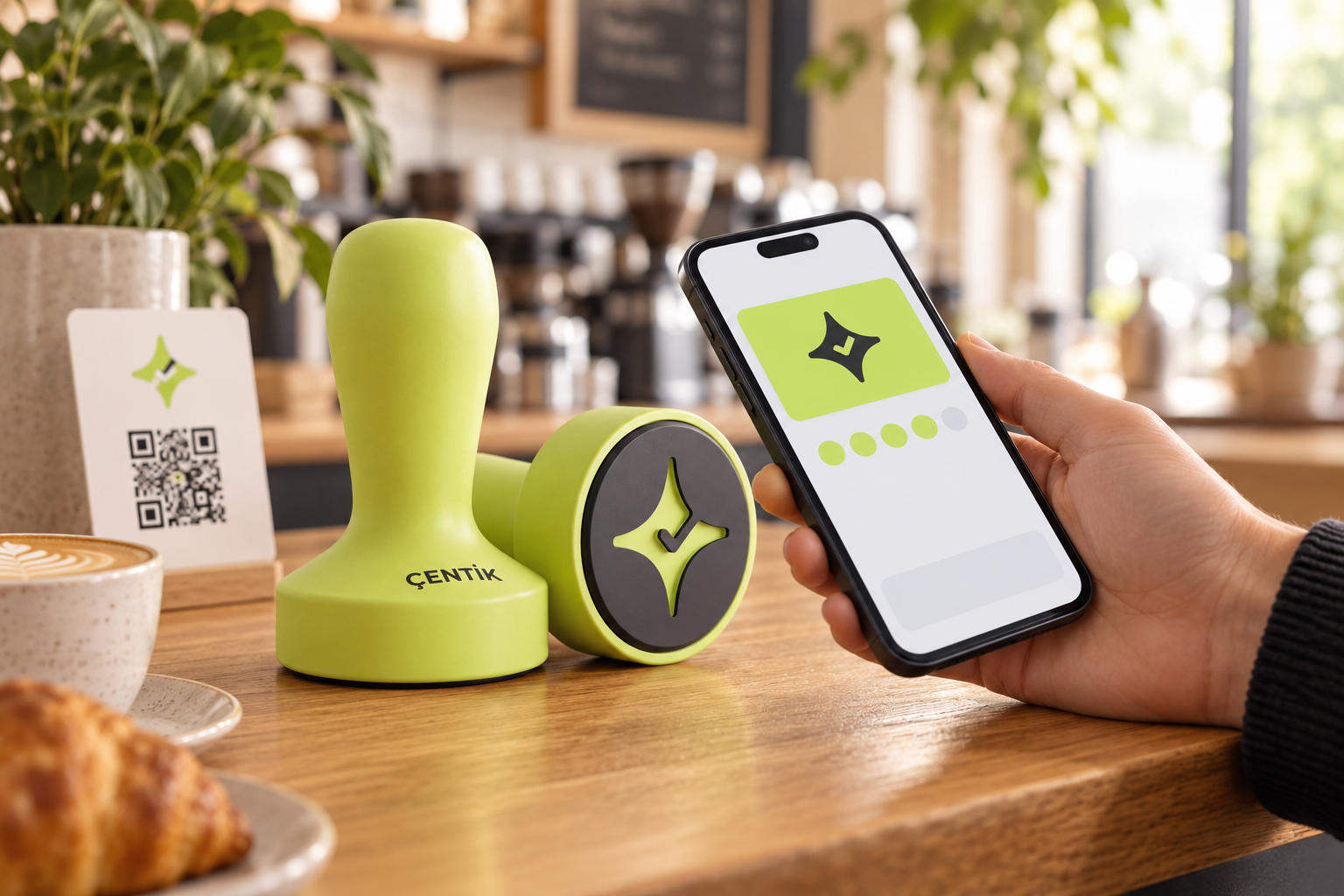 Customer using the Çentik NFC counter device with QR as an alternative in-store loyalty touchpoint