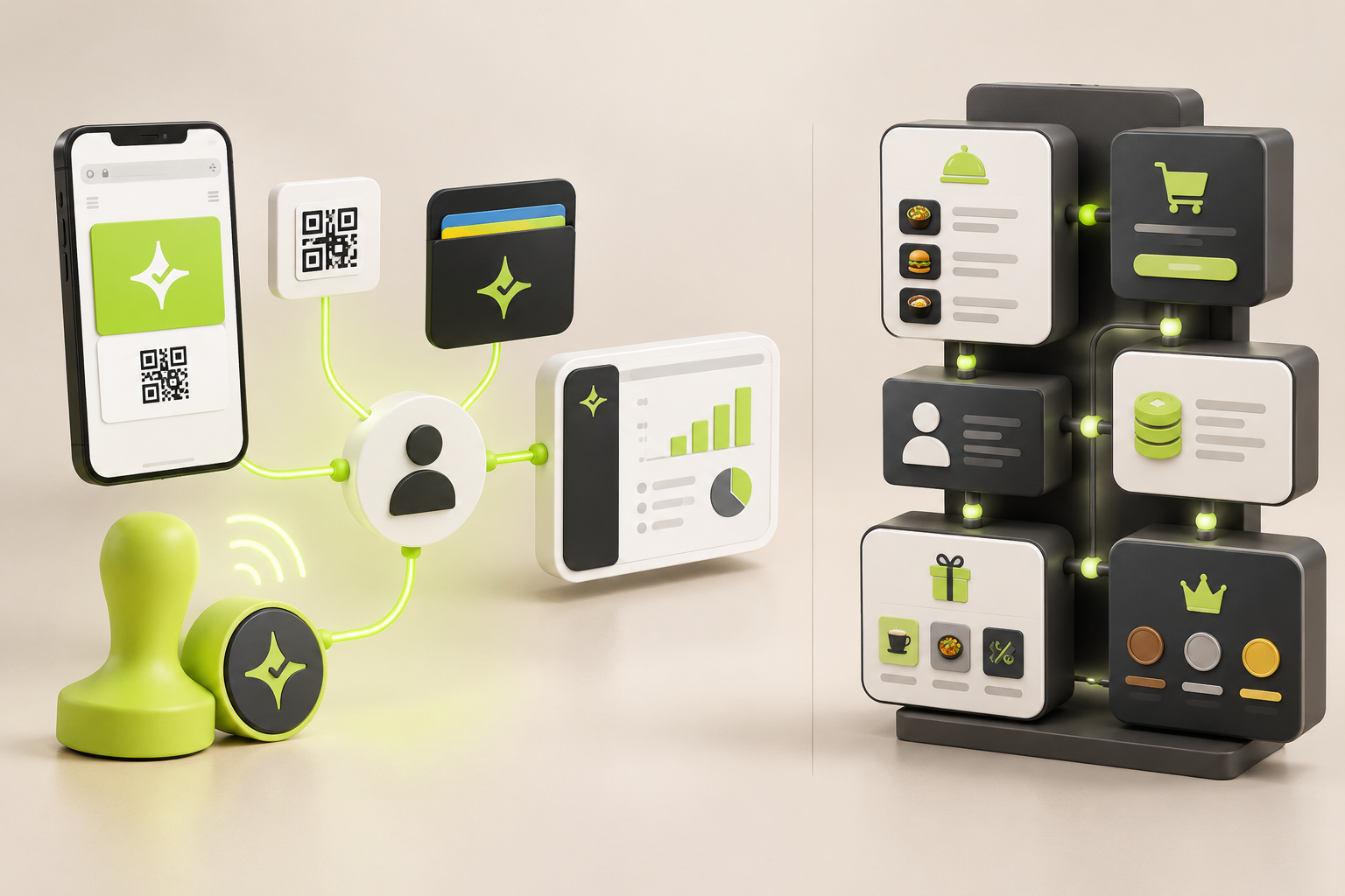 Abstract comparison of app-free NFC and QR loyalty with an integrated ordering and points rewards stack
