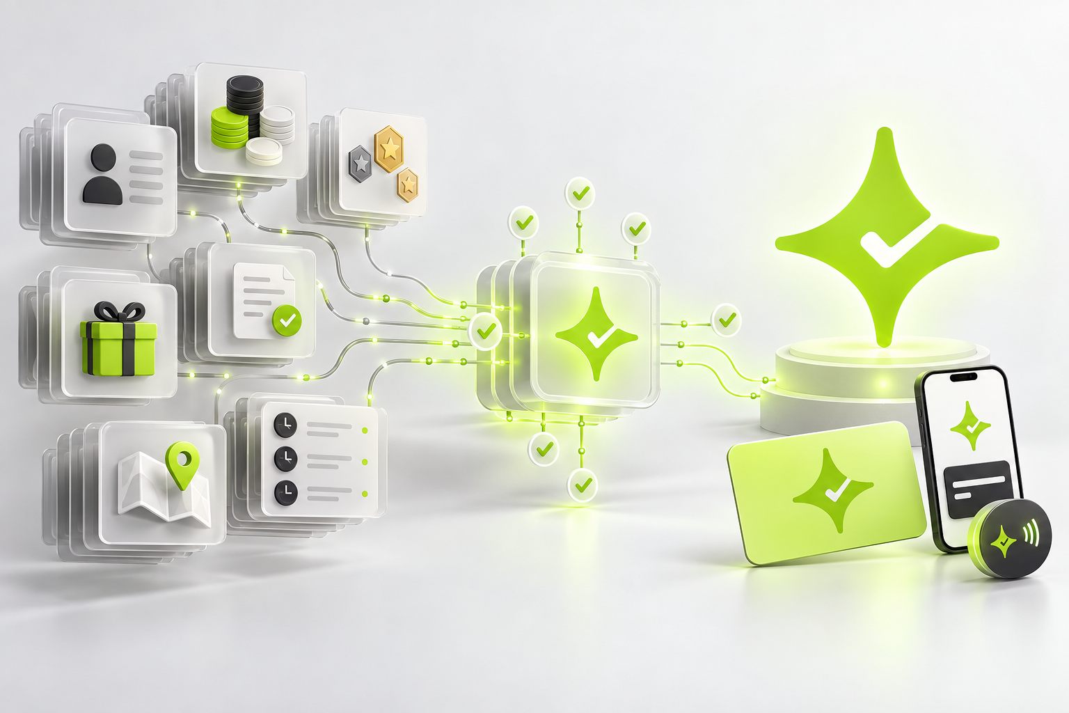 Abstract loyalty migration validation flow mapping customer profiles, balances, tiers, rewards, consent and locations into a Çentik setup