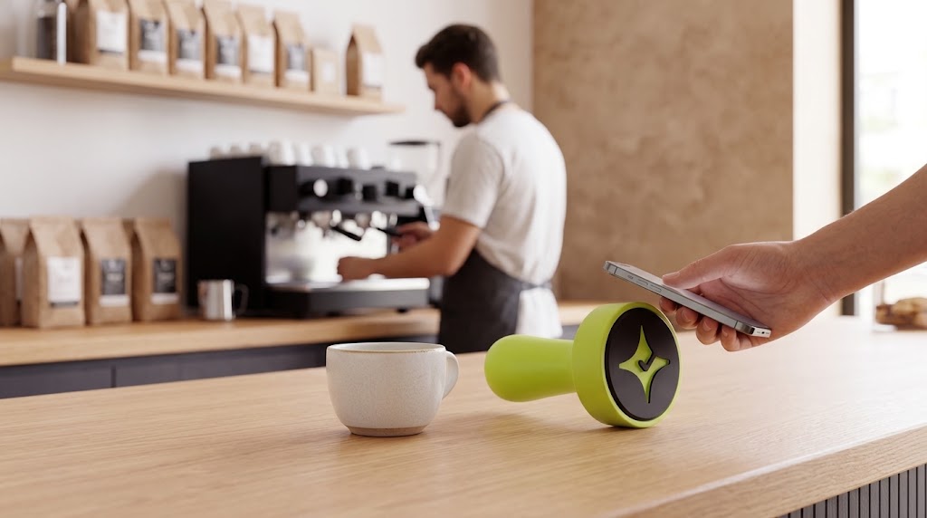 Customer tapping a phone on the lime Çentik NFC counter device in a café