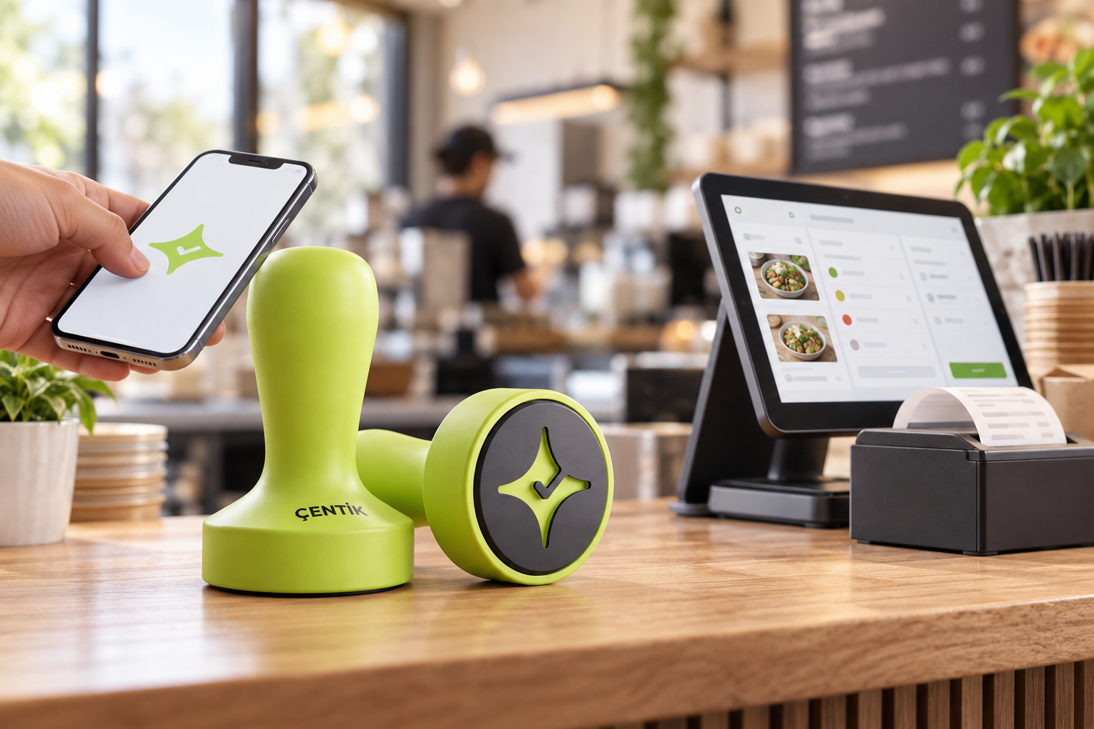 Çentik NFC loyalty touchpoint beside a generic restaurant ordering setup, contrasting focused loyalty with a broader restaurant software stack.