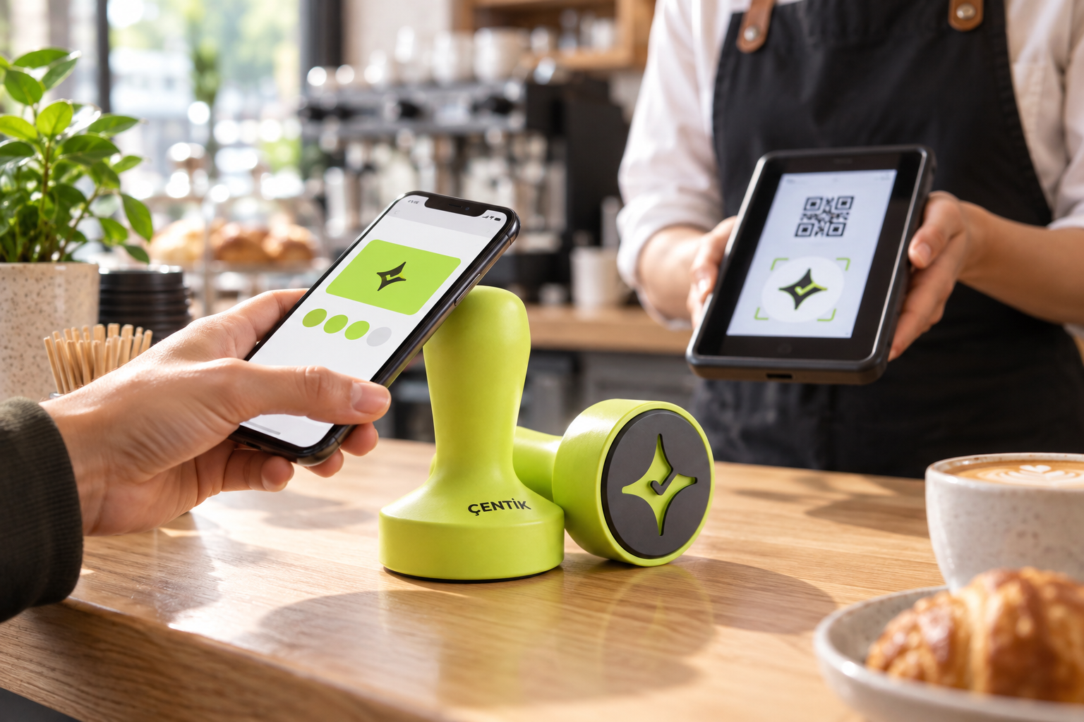 Çentik Damperi and QR loyalty experience at a cafe counter