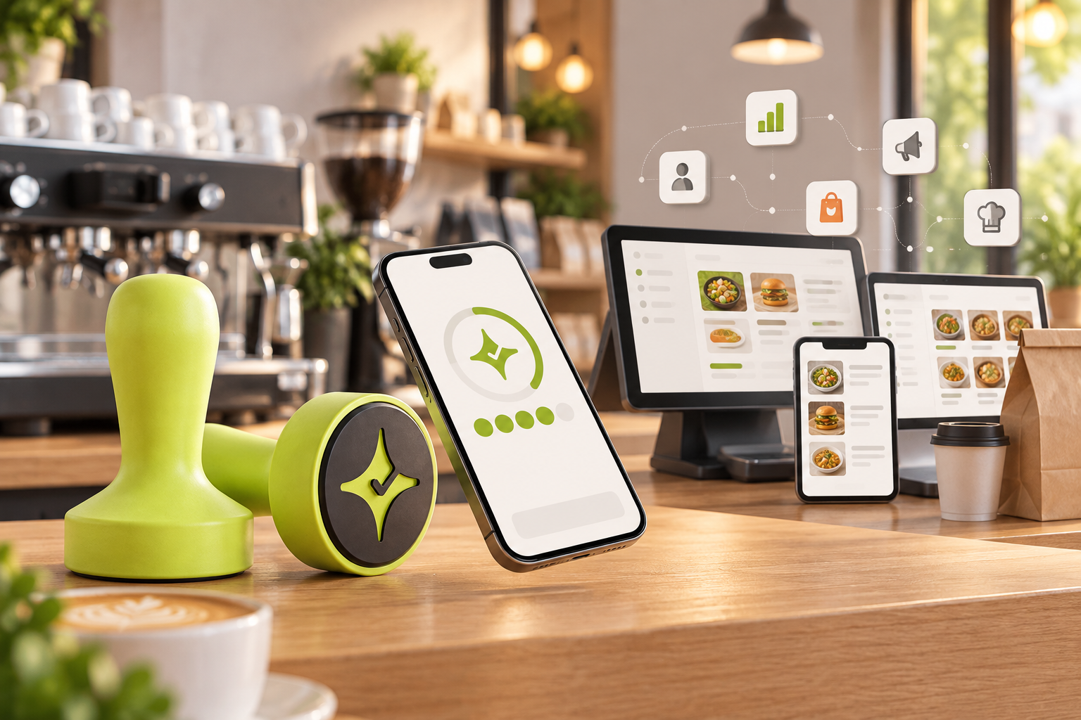 Çentik NFC loyalty touchpoint beside a generic multi-system restaurant technology setup, illustrating focused counter loyalty versus a broader digital platform.