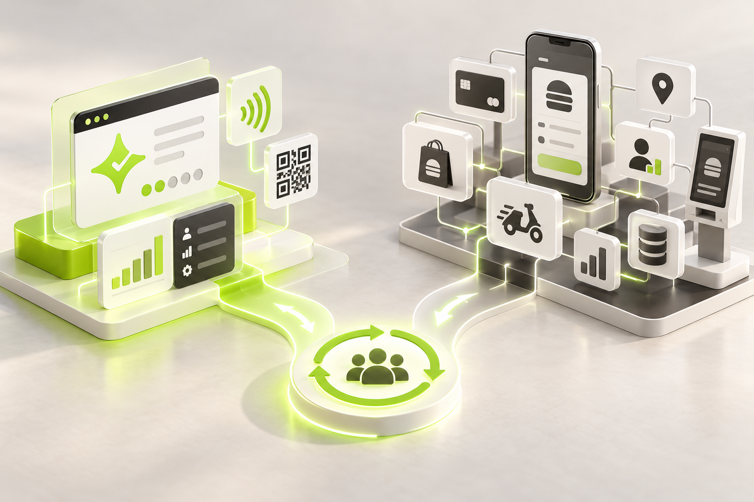 Abstract comparison of browser-based NFC and QR loyalty with an integrated app, ordering and payment stack