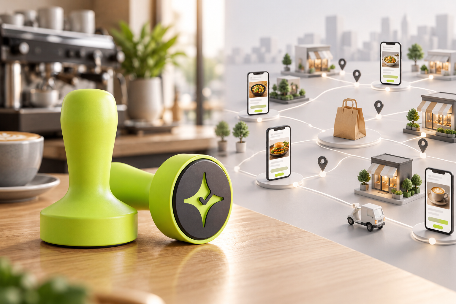Çentik NFC counter touchpoint beside an abstract restaurant delivery and digital commerce network
