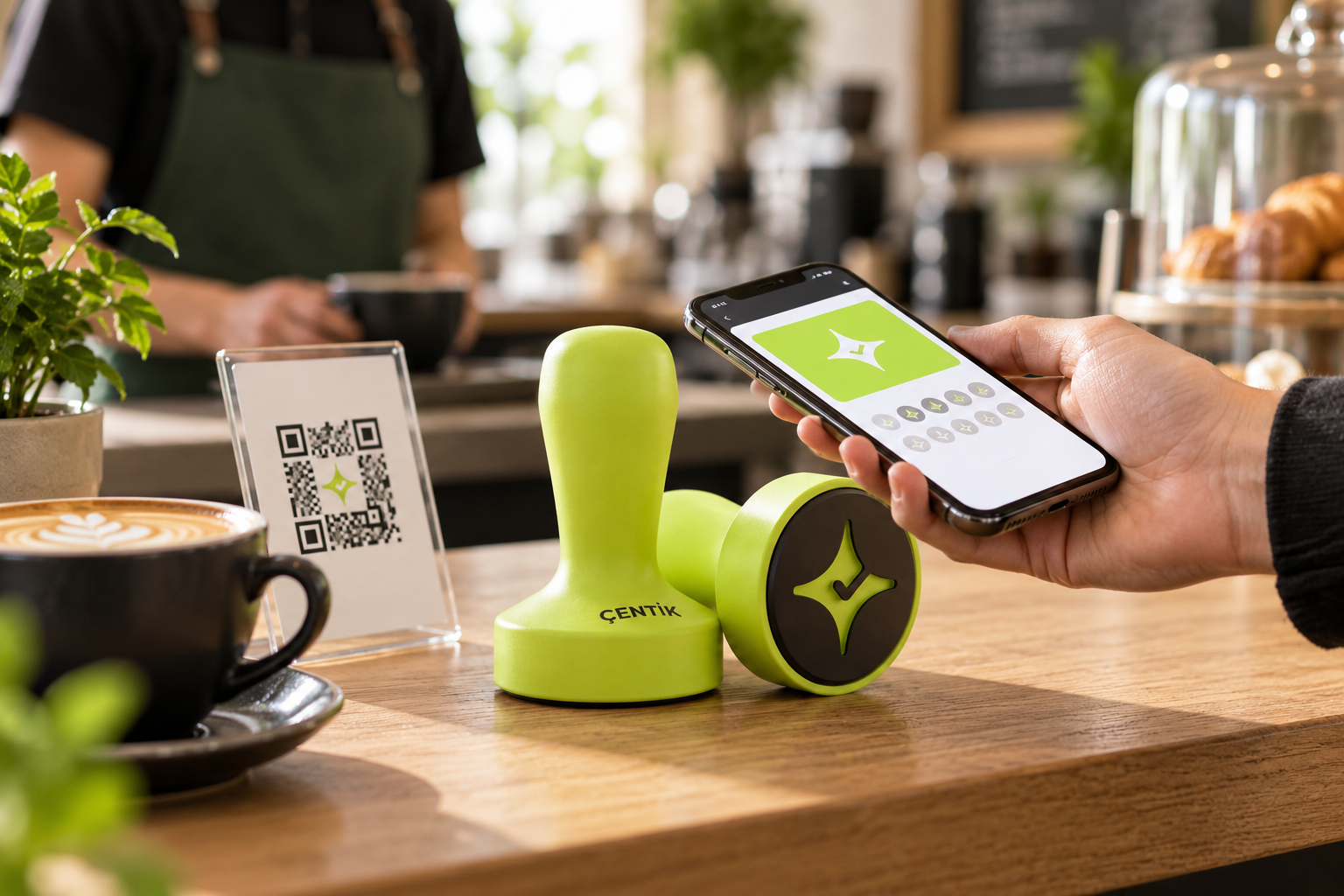 Çentik Damper, QR stand and a loyalty card on a phone at the counter