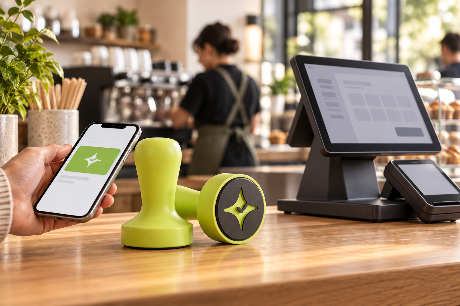 Çentik NFC loyalty touchpoint beside a generic restaurant POS checkout setup, illustrating standalone loyalty versus POS-integrated loyalty.