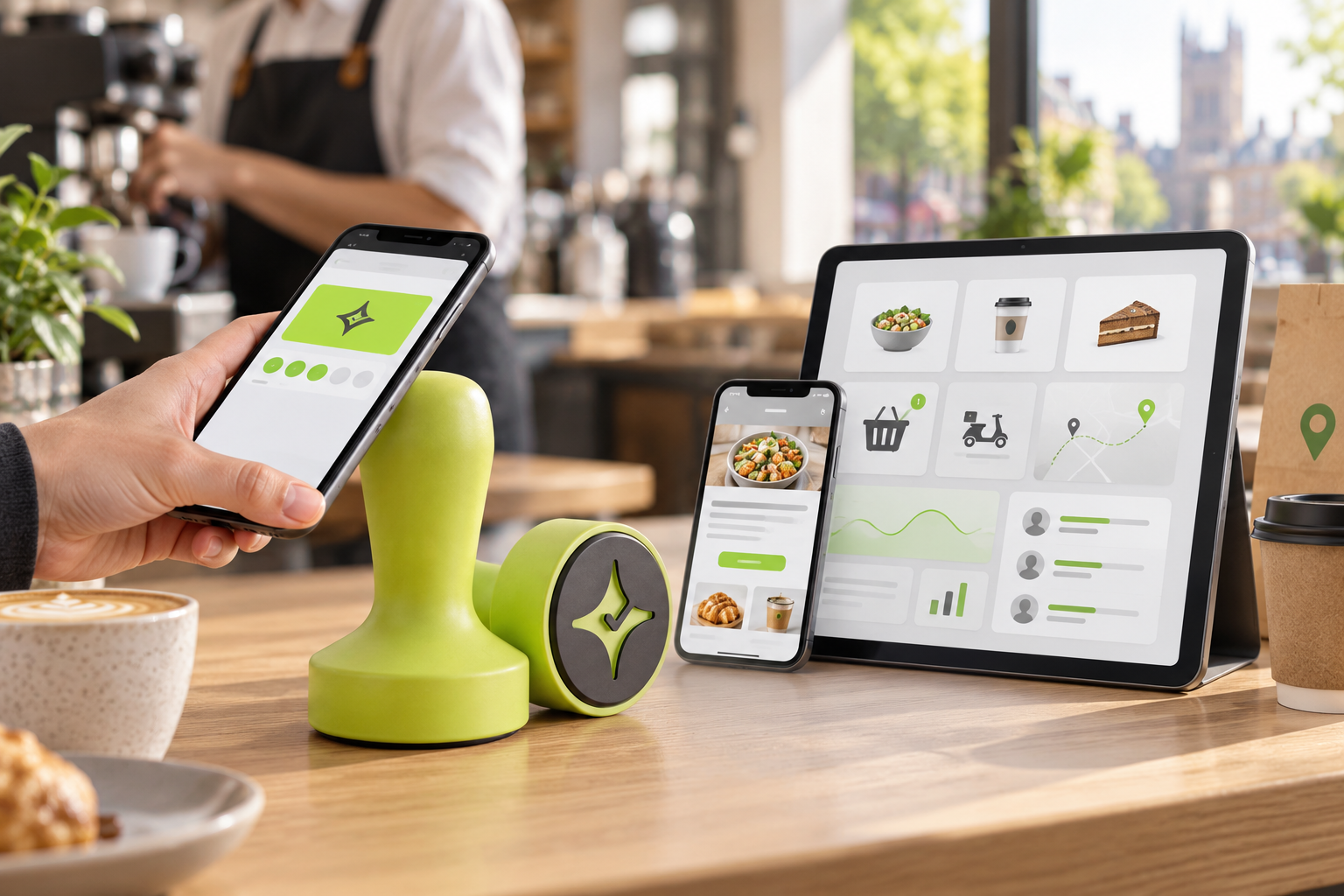 Çentik loyalty experience for UK hospitality businesses, shown across a cafe counter, phone and tablet