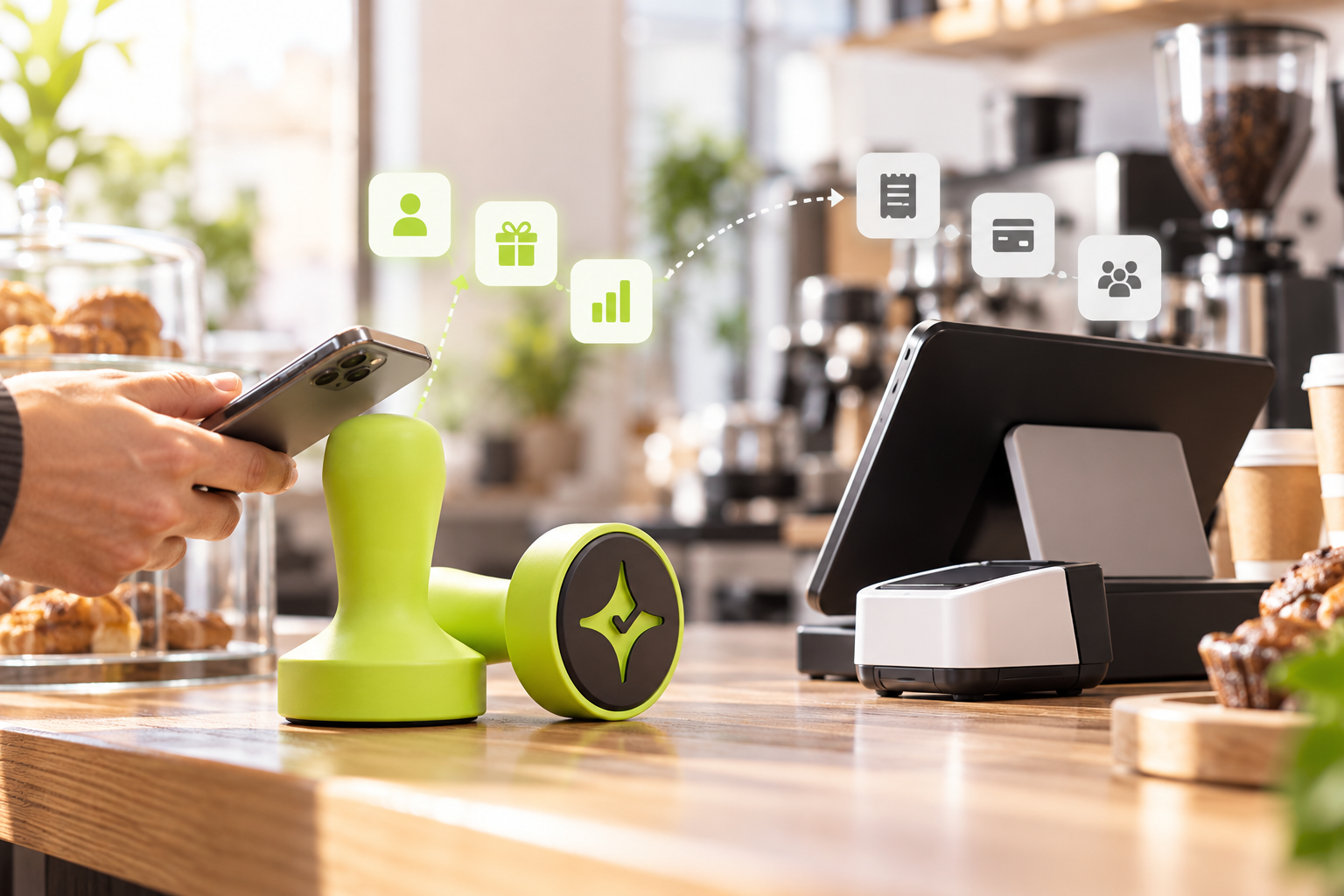 Çentik lime NFC Stamp beside a generic café POS checkout scene, illustrating standalone loyalty versus POS-integrated loyalty.