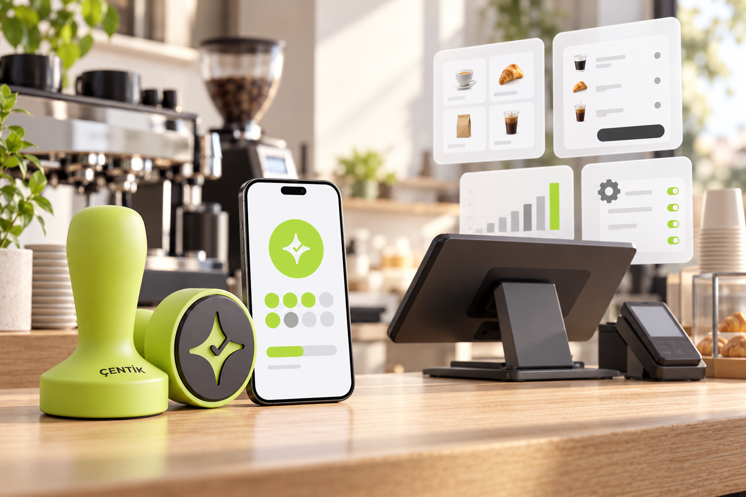 Çentik NFC loyalty touchpoint beside a generic café POS checkout setup, contrasting standalone loyalty with a broader POS stack.