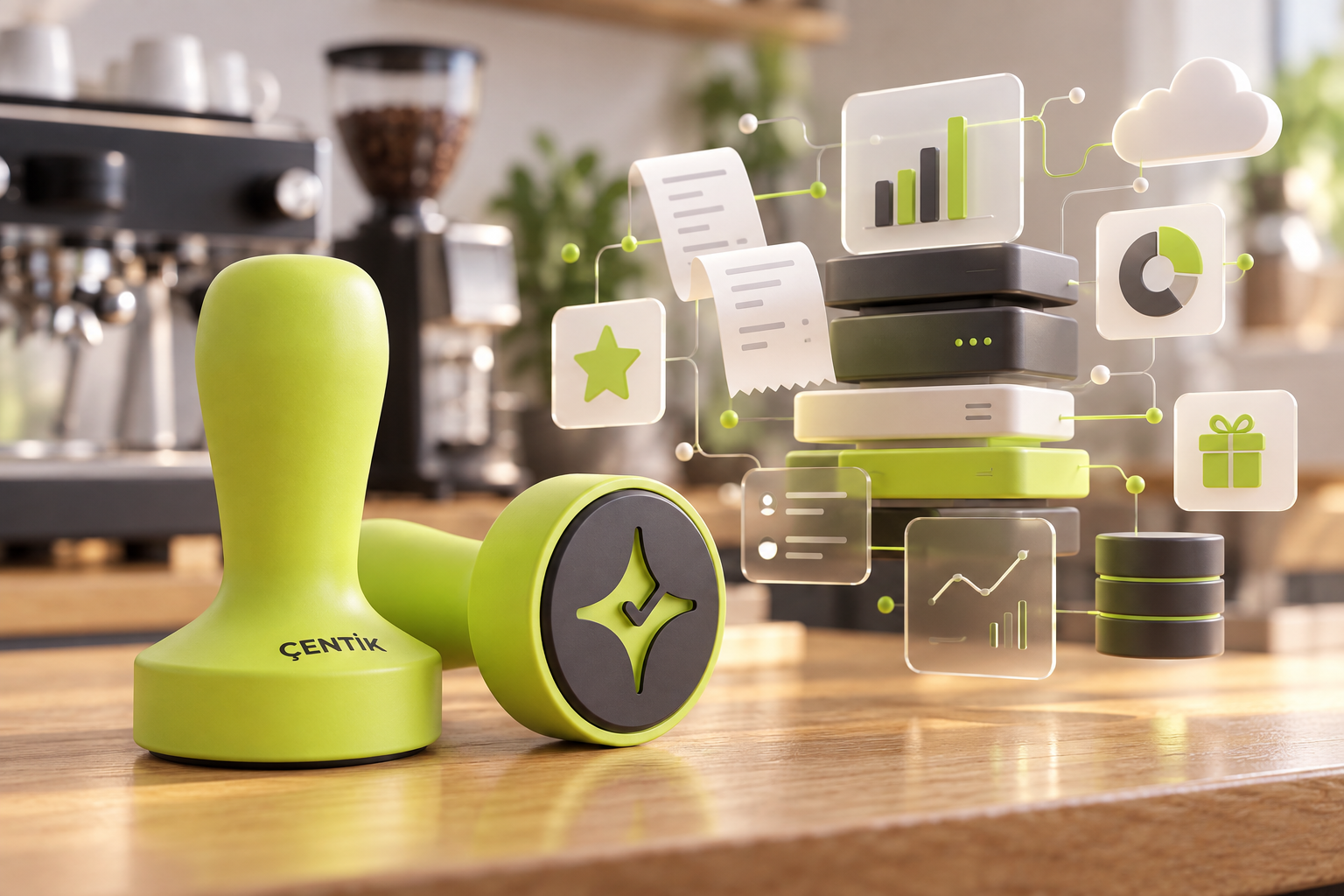Çentik NFC counter stamp beside an abstract enterprise loyalty technology stack for a U.S. software comparison