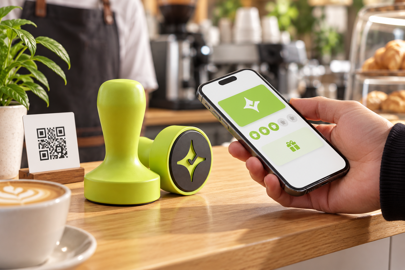 Çentik NFC and QR loyalty touchpoint on a café counter with a customer phone