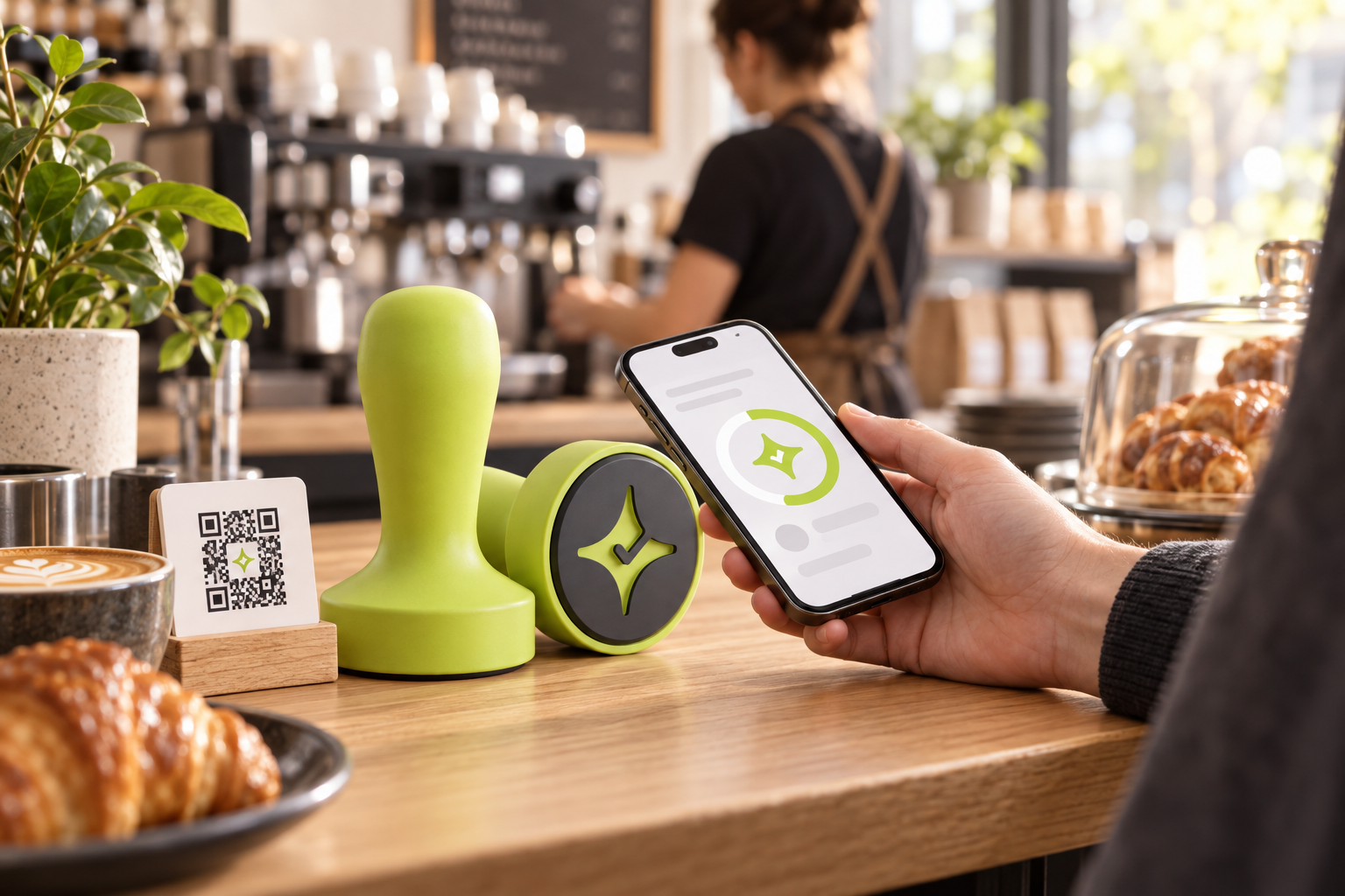 Customer using Çentik's lime NFC counter touchpoint with a phone, with QR available as an alternative loyalty method