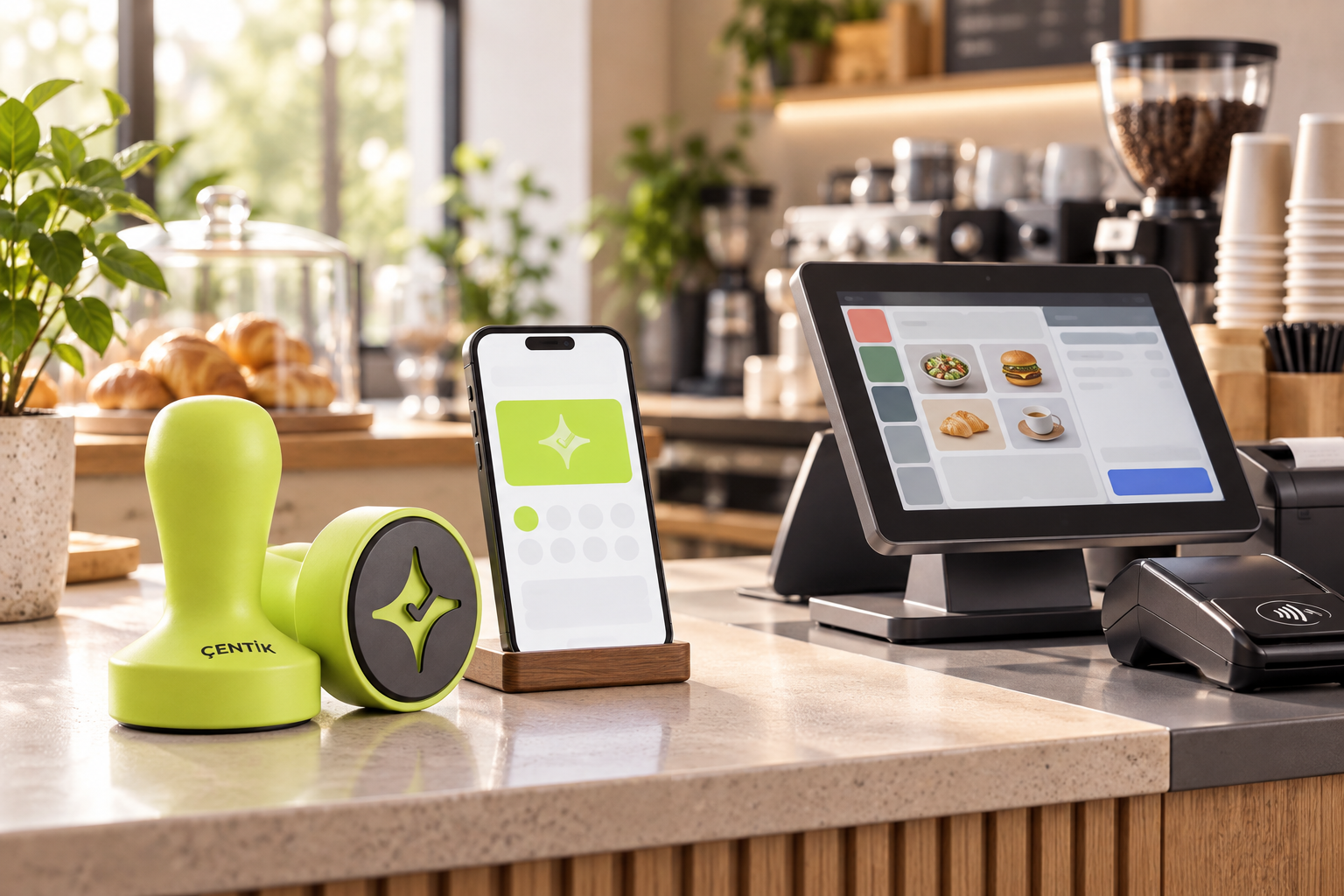 Çentik lime NFC loyalty touchpoint beside a generic restaurant POS setup, illustrating standalone loyalty versus a broader POS stack.