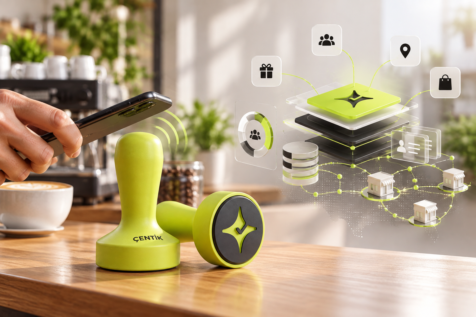 Çentik NFC counter touchpoint beside an abstract enterprise loyalty technology stack