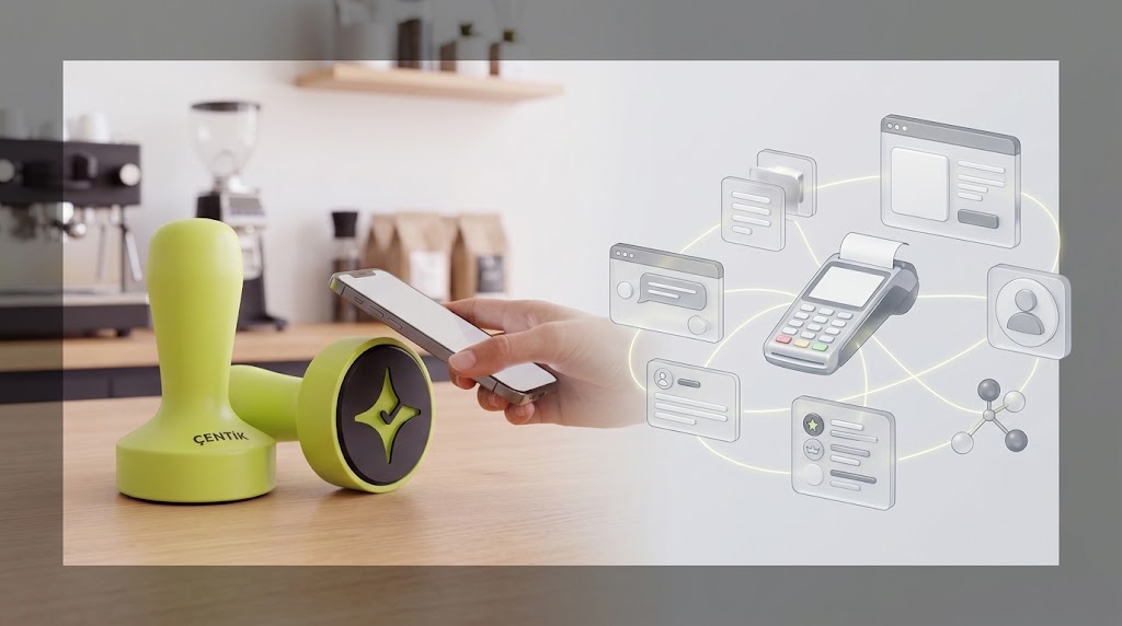 A customer taps a phone near a lime Çentik NFC counter device while an abstract omnichannel loyalty system appears opposite it.