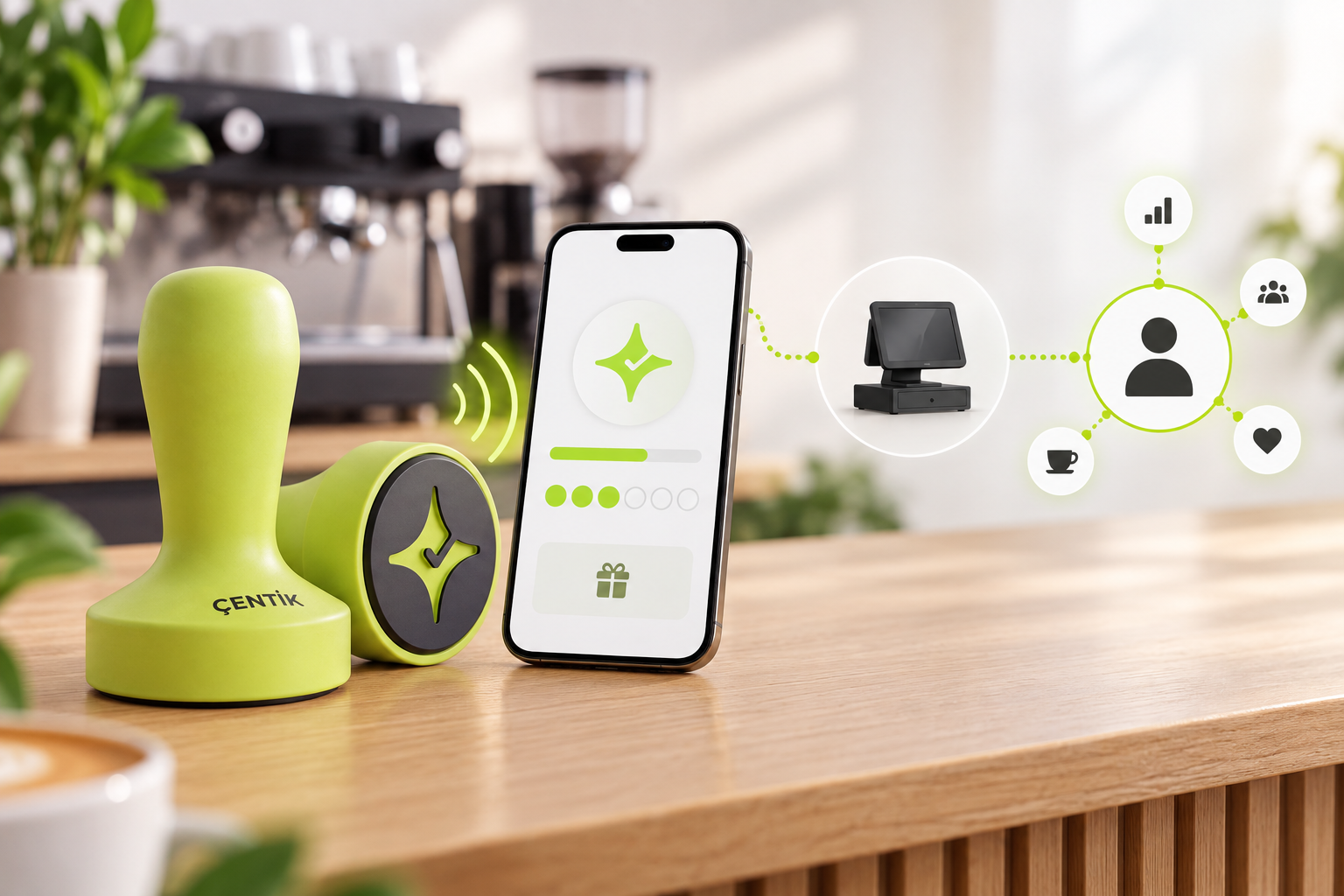 Çentik NFC counter device beside a phone, contrasted with a connected till and guest data flow