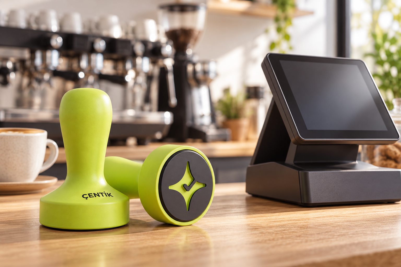 Çentik lime NFC Stamp beside a generic café POS terminal, illustrating standalone loyalty versus POS-integrated loyalty.