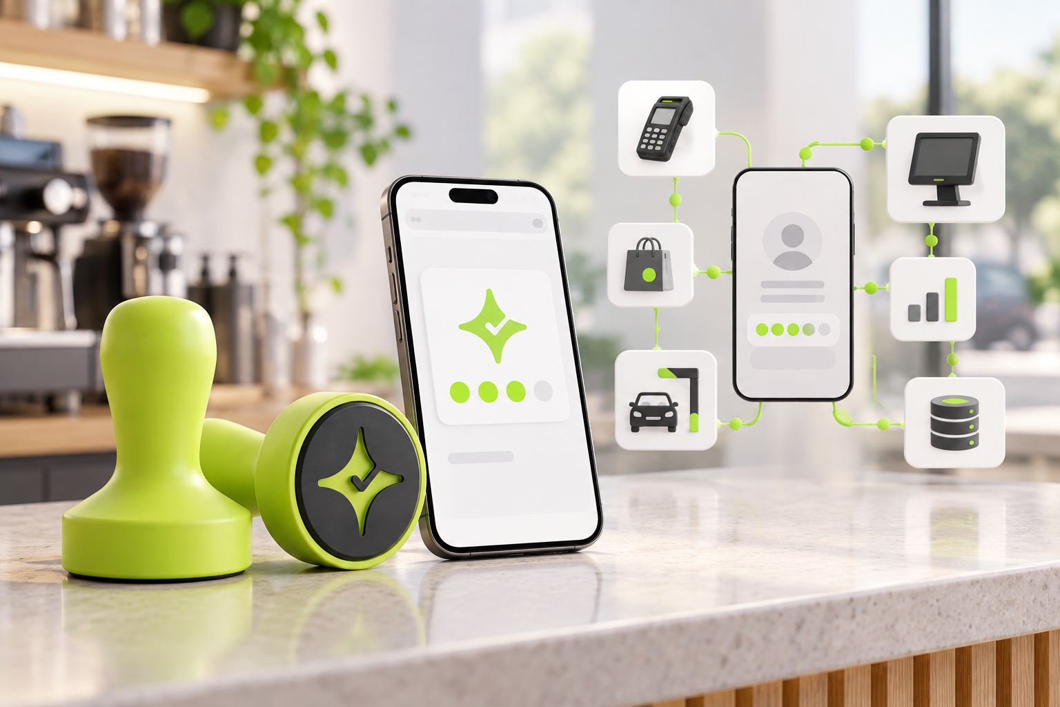 Çentik NFC counter touchpoint beside an abstract large-brand loyalty ecosystem